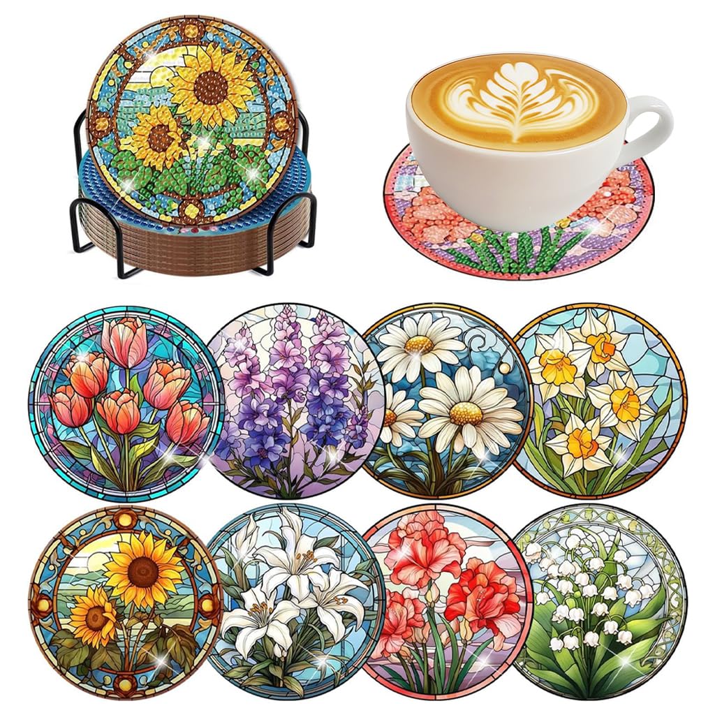 zibuyu® 8pcs diy diamond art coaster 10cm dia floral theme colorful acrylic diamond paved drink coasters in 8 designs, diy handmade coaster craft kit with holder for home décor & gifts