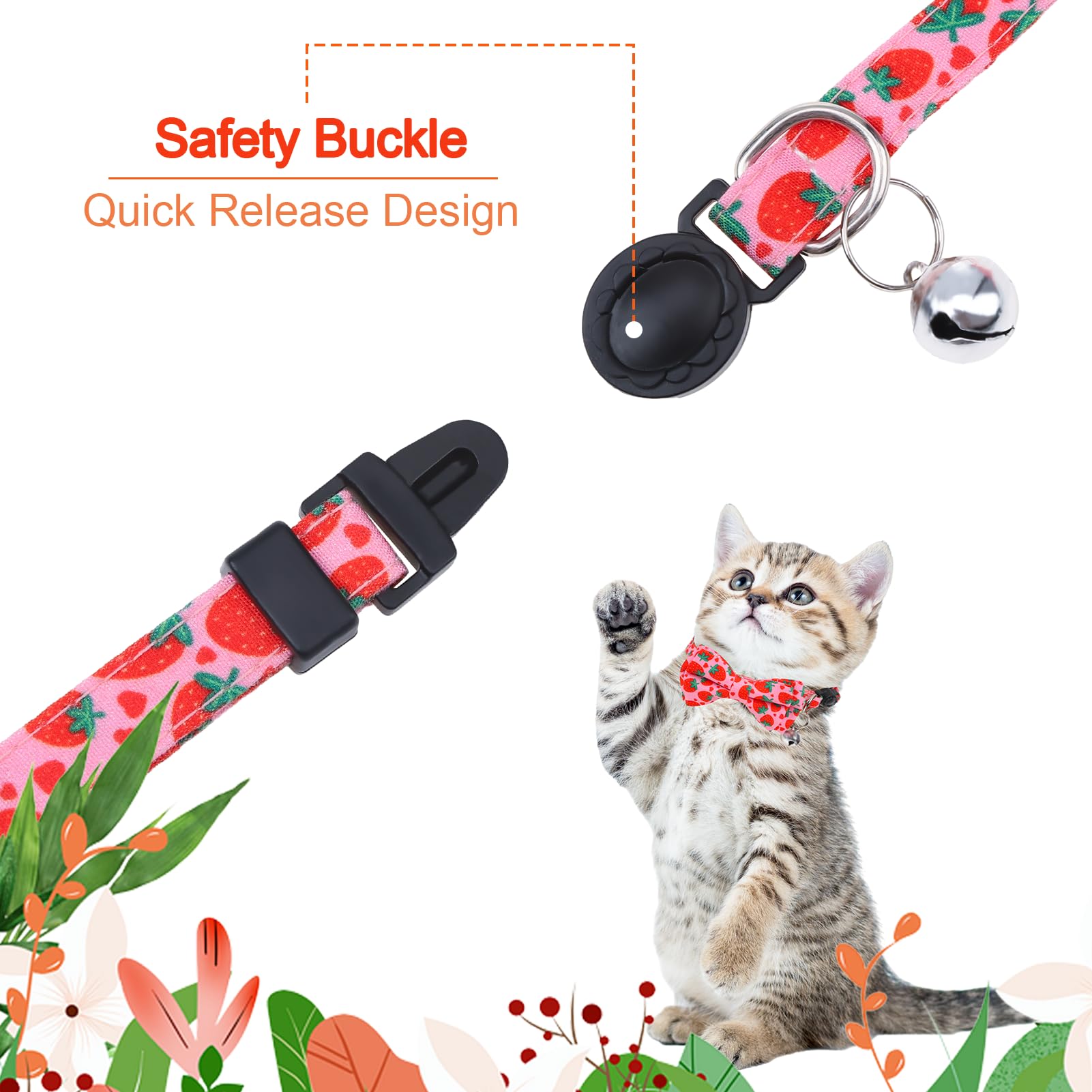 Paquete de 4 collares de gato con pajarita y campana, collar de gato, collar de gato, collar de gato, collar de gato de frutas, collar de gatito, collar de seguridad ajustable para primavera