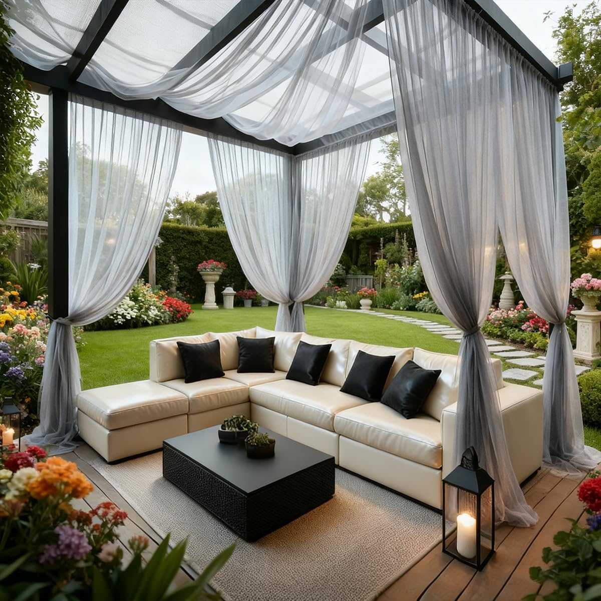 Extra Wide Outdoor Curtains Waterproof Mesh Screen for Patio Lightweight Privacy Net Curtains Breathable Sheer Drapes for Patio Porch Balcony, 2 Panels, Grey, W125 x L120