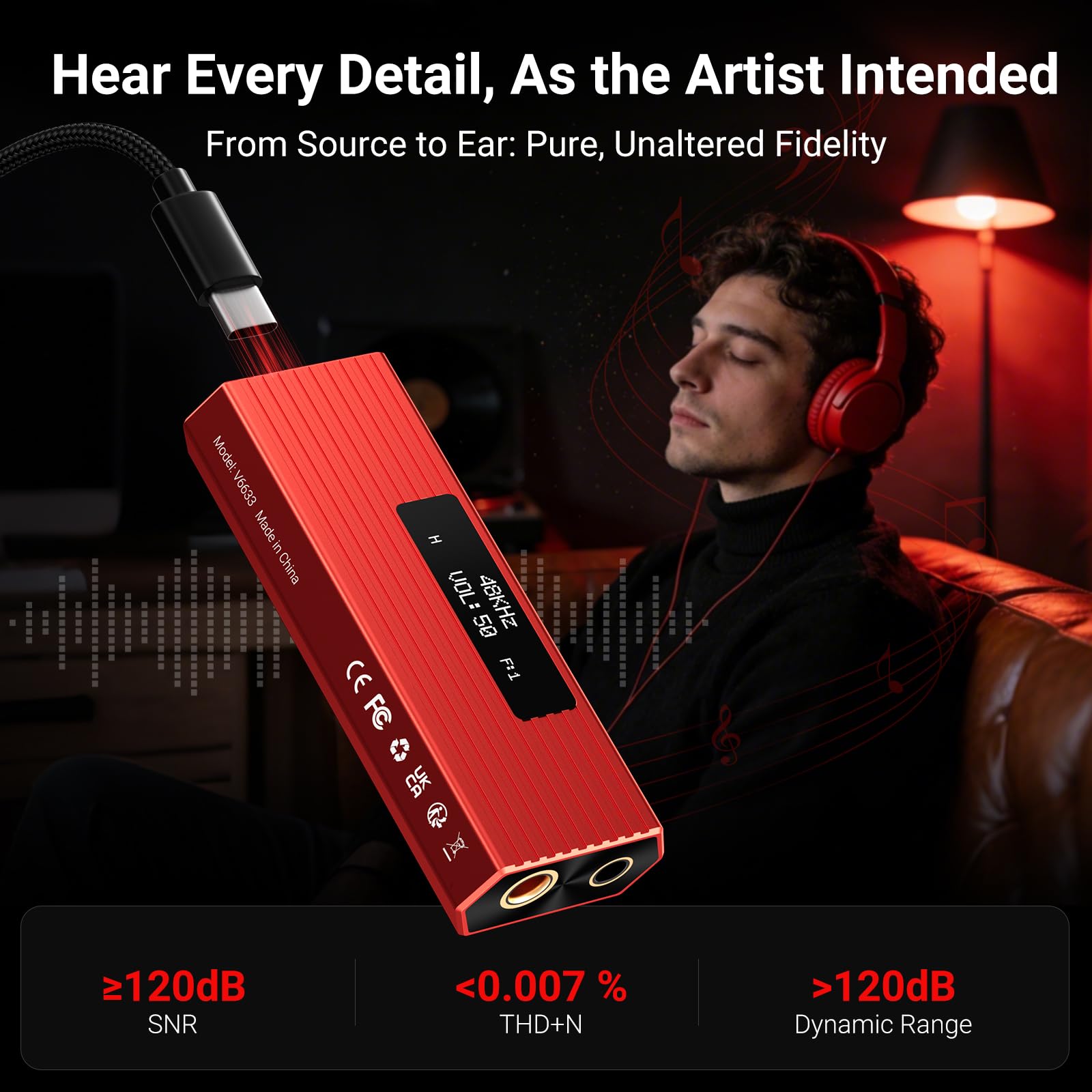 joliker Amplificatore per cuffie DAC Hi-Fi portatile USB-C ES9038Q2M, DSD256 PCM 384 kHz 32 bit, bilanciato da 4,4 mm e uscita da 3,5 mm, convertitore digitale-analogico per iPhone 15/16 Android Mac