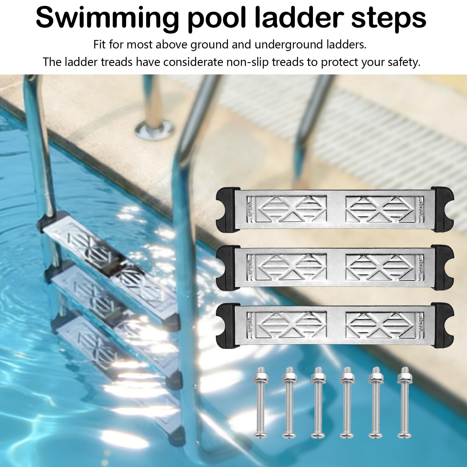 Remplacement des Marches D'échelle de Piscine, Lot de 3 Échelle de Piscine avec 6 vis pour la Plupart des échelles au Sol et Hors Sol, Marches en Acier Inoxydable 304