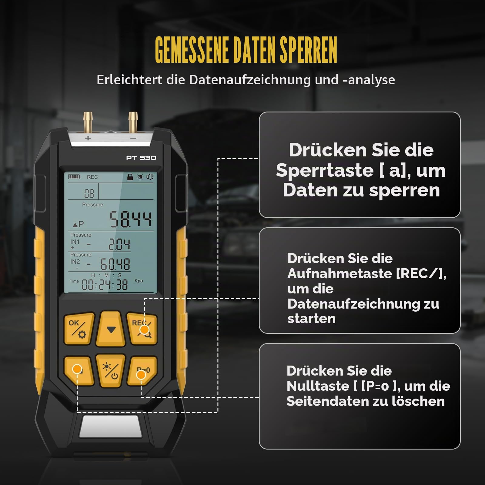 PT530 Differenzdruckmesser, zur Messung von Druckdifferenzen mit einem Messbereich von -100 bis 300 kPa, anwendbar in verschiedenen Szenarien von HVAC-Systemen und 11 wählbaren Einheiten