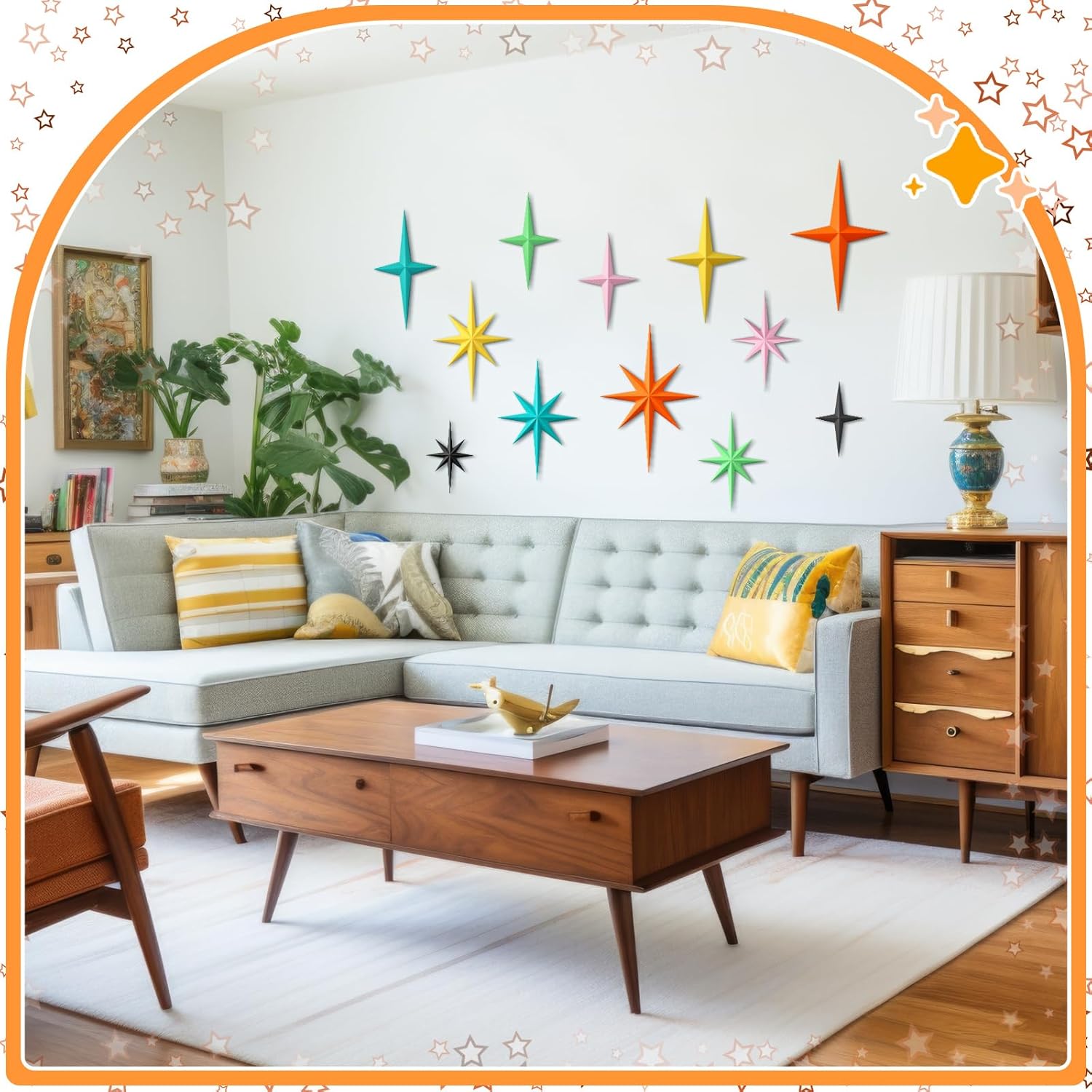 Blulu 12 Pcs Mid Century Modern Decoration Mcm Retro 3D Starburst Art Wall Sculpture, Plastic 8 Pointed Atomic Star Vintage Celestial Whimsigoth Accent for Home Office Room Decor(Retro)