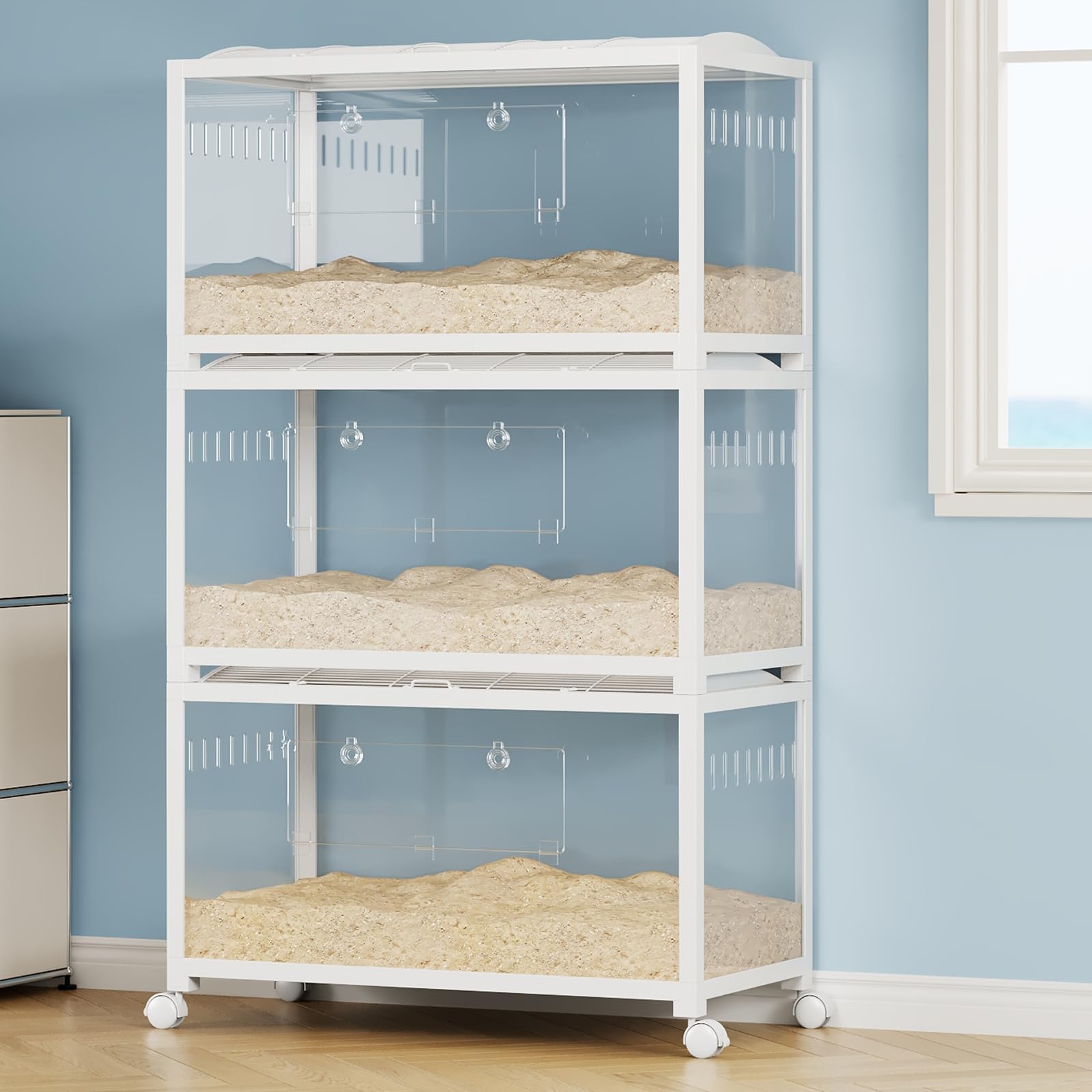 GarveeTech Hamsterkäfig Aus Metall Und Acrylglas, 360°-Sicht Transparenter | Hamsterlebensraum 97x47x51 cm Kleintierlebensräume Groß Stapelbar, Kausicher Atmungsaktiv Rattenkäfig