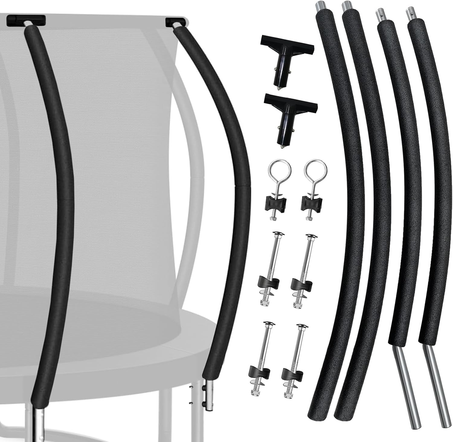 2 Sets Trampoline Curved Pole Replacement, Universal Curved Enclosure Pole for 10-16ft Frame, with Plastic T Connector, Mounting Hardware, Foam Cover Padding