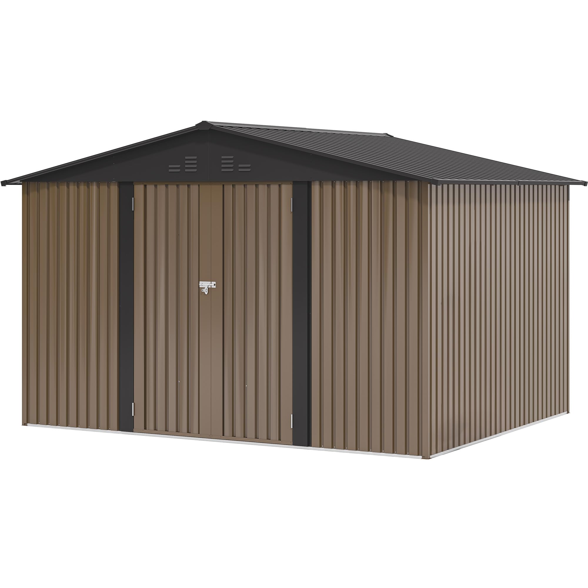 YITAHOME Stahl Gartengerätehaus 10x8FT Robustes Metall Gartenhaus, Wasserdichtes Gerätehaus & Fahrradschuppen mit Doppeltüren & 4 Lüftungen zur Aufbewahrung, 279x224.5x193.5cm,Braun-Schwarz