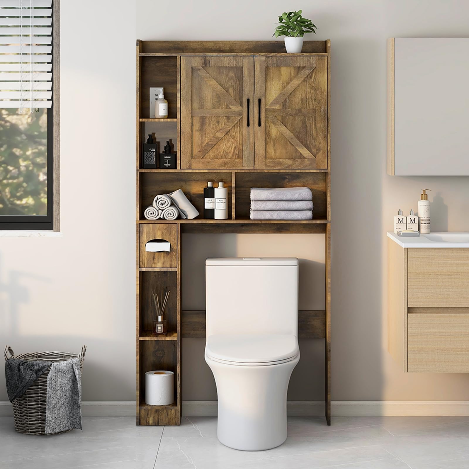 Over The Toilet Storage Cabinet, Farmhouse Storage Cabinet Over Toilet with 2 Barn Door & Toilet Paper Holder Stand，Home Space-Saving Toilet Rack, for Bathroom, Restroom, Laundry