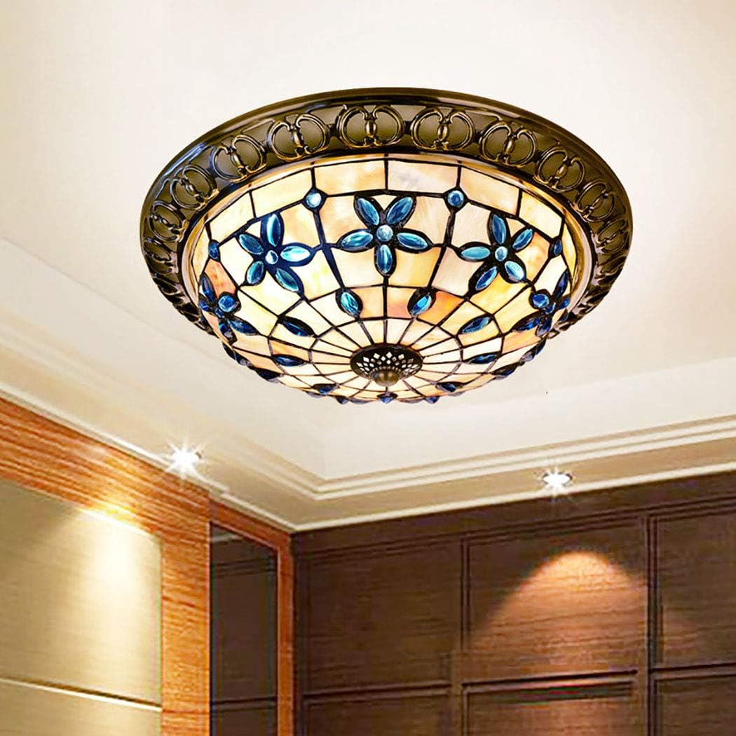 Vintage Tiffany Style Ceiling Lights, Hand-Made Natural Shell Shade 3-Lights Flush Mount Ceiling Lighting Fixture for Bedroom Living Room, E27