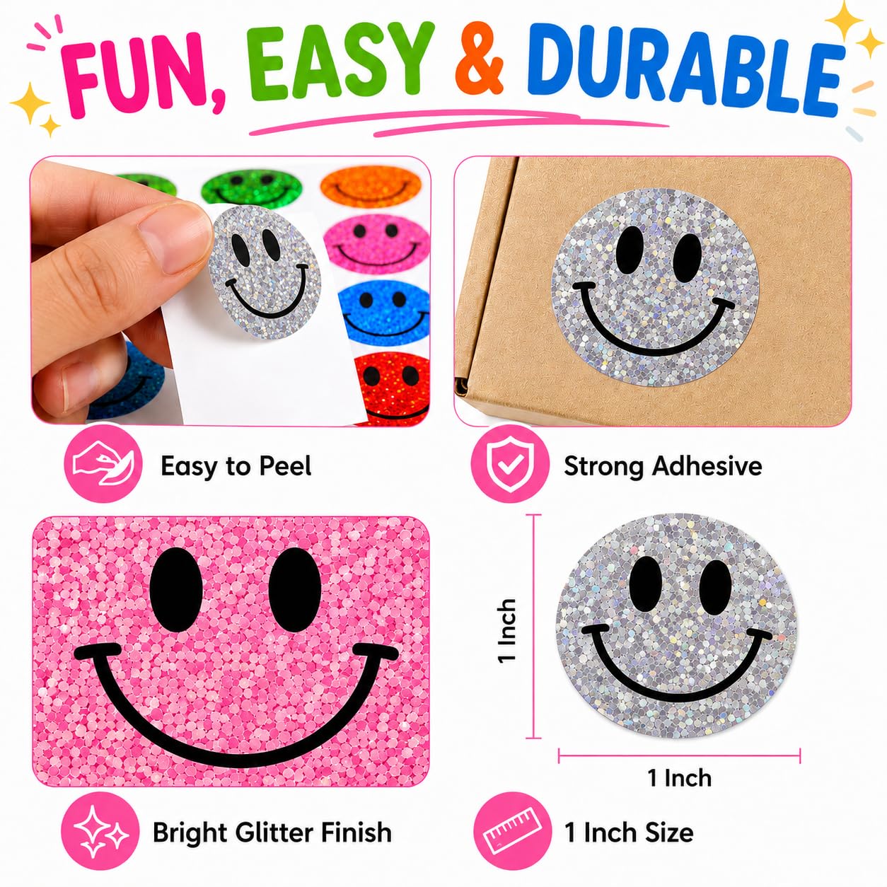 Smiley-Aufkleber mit Smiley-Motiv, 2,5 cm, 2 Rollen mit 500 runden Etiketten für Verpackung, Versandtaschen, Büroinventar, Versiegelung von Umschlägen und Geschäftsbedarf (Smiley_Glitzer)