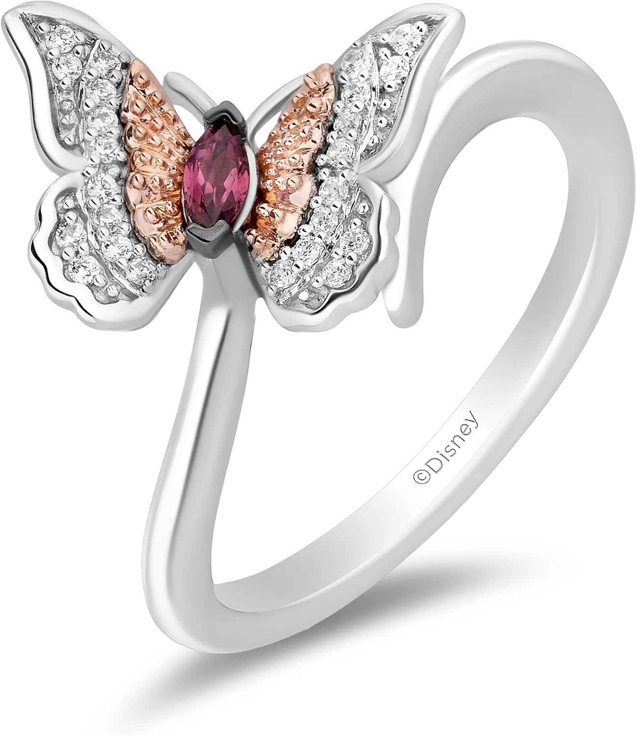 Jewelili Enchanted Disney Fine Jewelry Sterling Silver and 10K Rose Gold 1/10 CTTW Diamond and Rhodolite Garnet Mulan Butterfly Ring