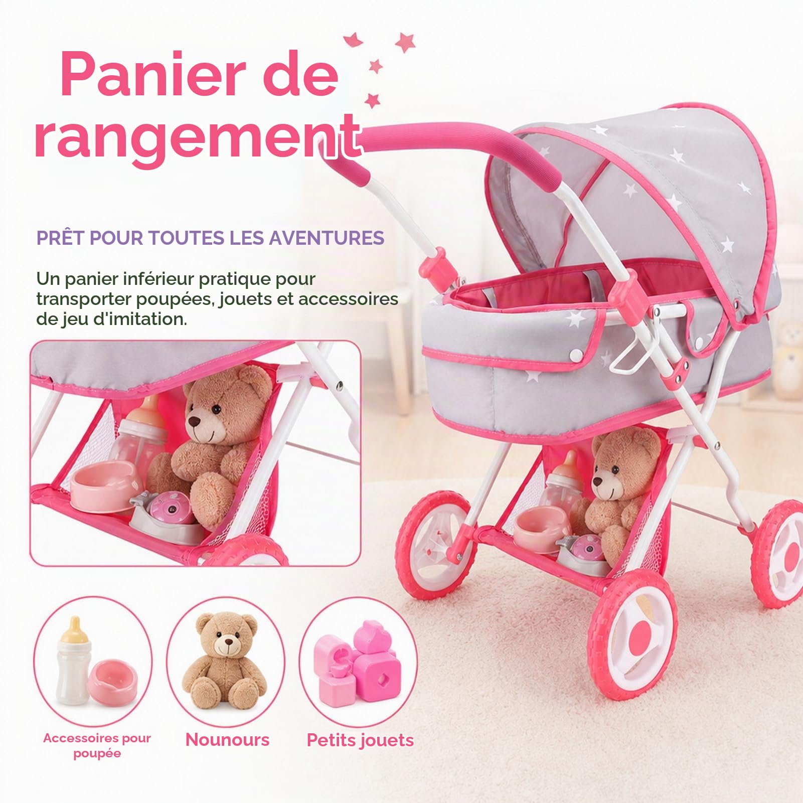Bebamour Landau 2 en 1 Ensemble Poussette avec Landau Amovible Jouet pour Tout-Petits (Gris)