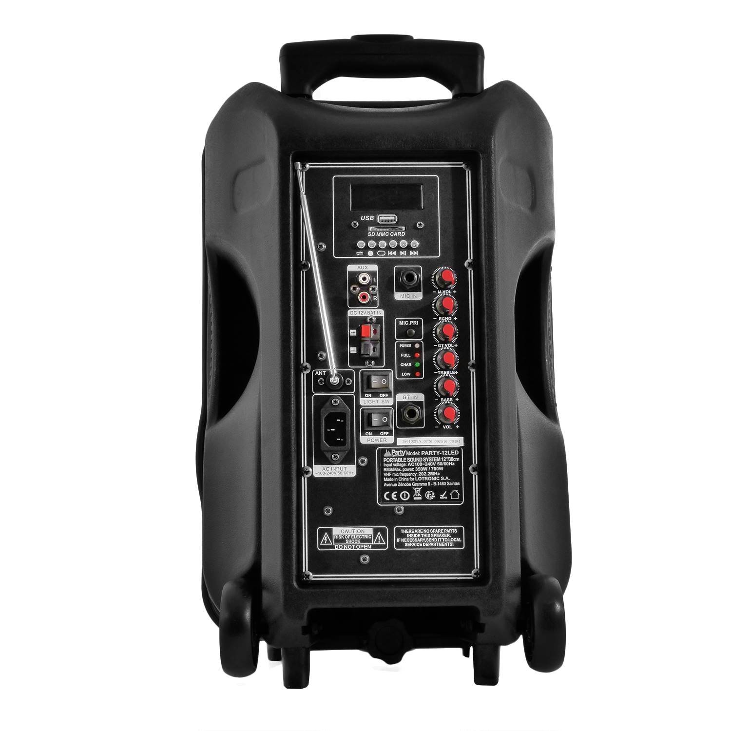Enceinte Sono Mobile amplifiée 700W 12" LED/USB/BT/SD/FM + 2 micros sans-Fil PARTY12
