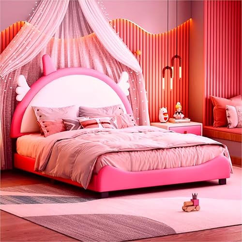 Miniatura 44 de Moderna base de cama de madera maciza de tamaño matrimonial para niños con cabecera en forma de corona, marco de cama tapizado de princesa con luces