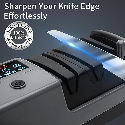 Miniatura 2 de Afilador de cuchillos eléctrico profesional de 3 etapas con varilla, 100% abrasivos de diamante, 3 velocidades de rotación ajustables con pantalla