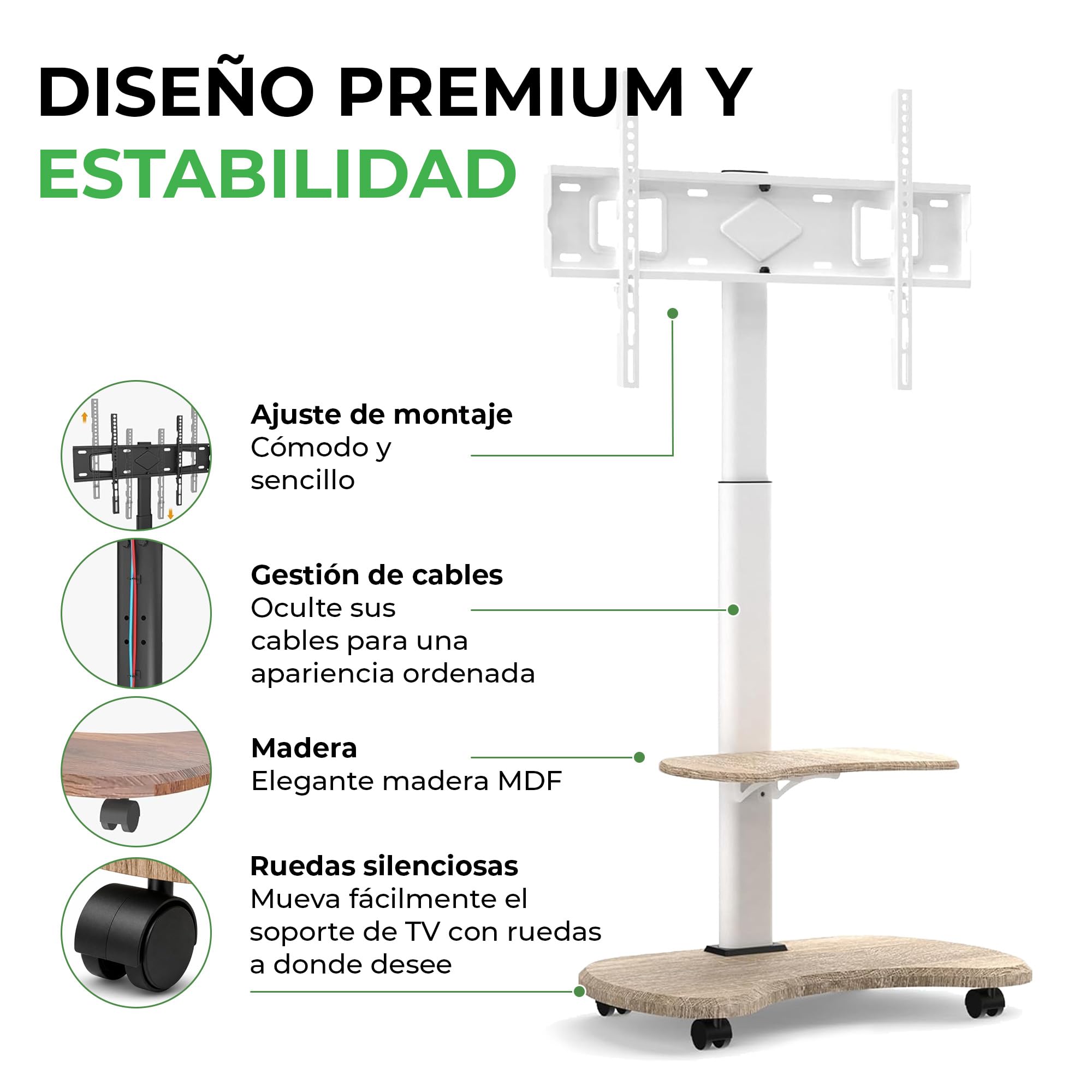 Stellar Soporte TV Pie Rodante con Estantería de Madera - Stand Giratorio de Altura Ajustable con Ruedas para TV de 32-70" de hasta 45 kg - Soporte Ruedas Universal VESA Máx. 600x400mm