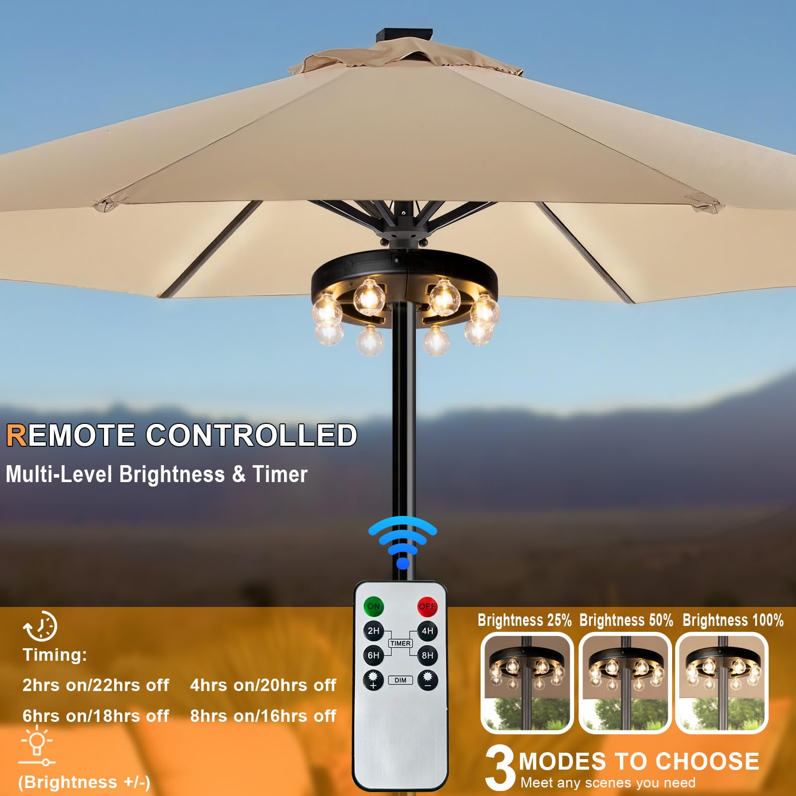 Lampe parapluie d'extérieur rechargeable sans fil avec variateur d'intensité et minuterie, 8 ampoules LED blanc chaud, parfaites pour le jardin, la cour, le camping, le barbecue ou une utilisation en