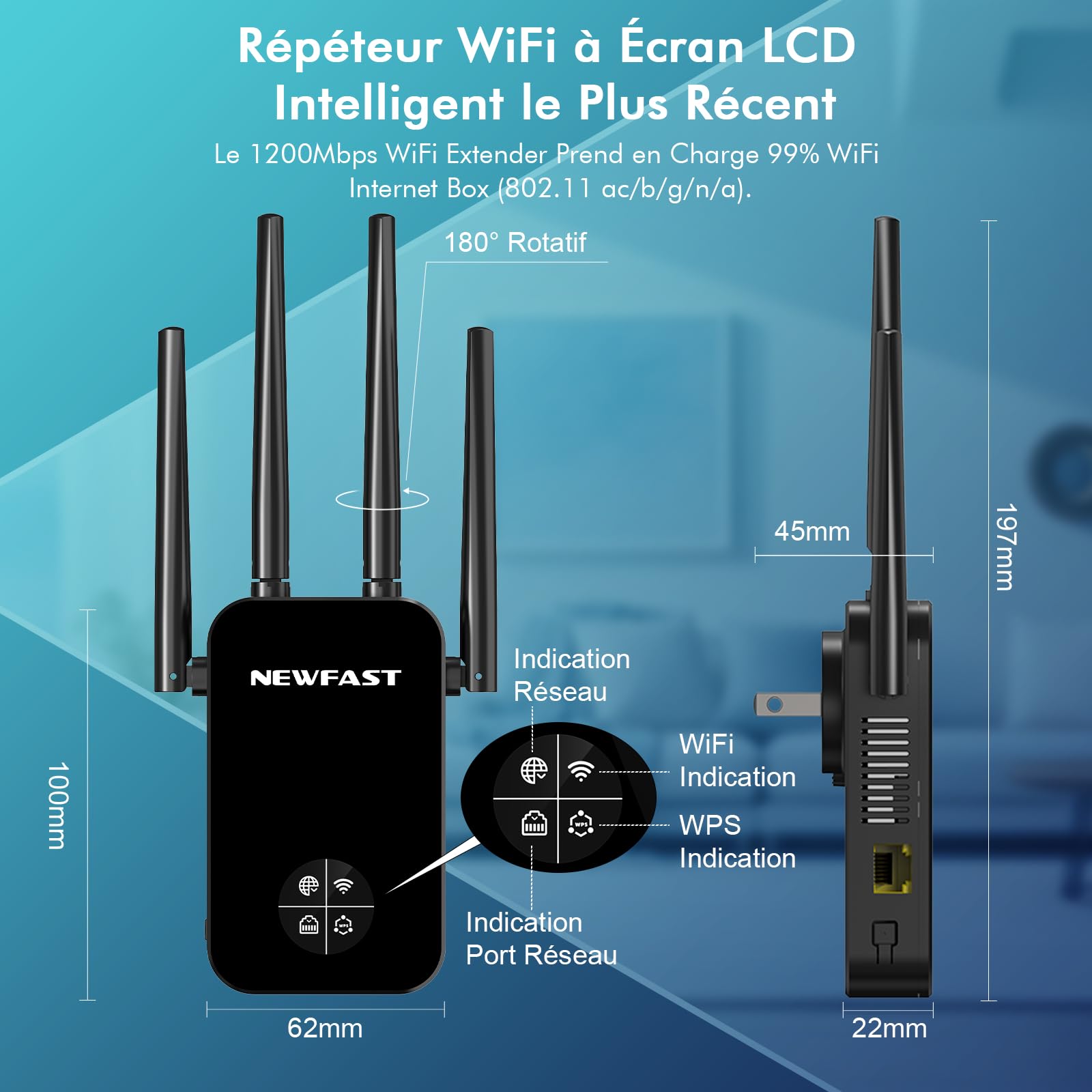 NEWFAST Répéteur WiFi AC1200 Mbps NF-RE523, Double Bande Amplificateur WiFi Puissant Couvre jusqu'à 100 m², Repetiteur WiFi Compatible avec Les Box Internet, Prise UE