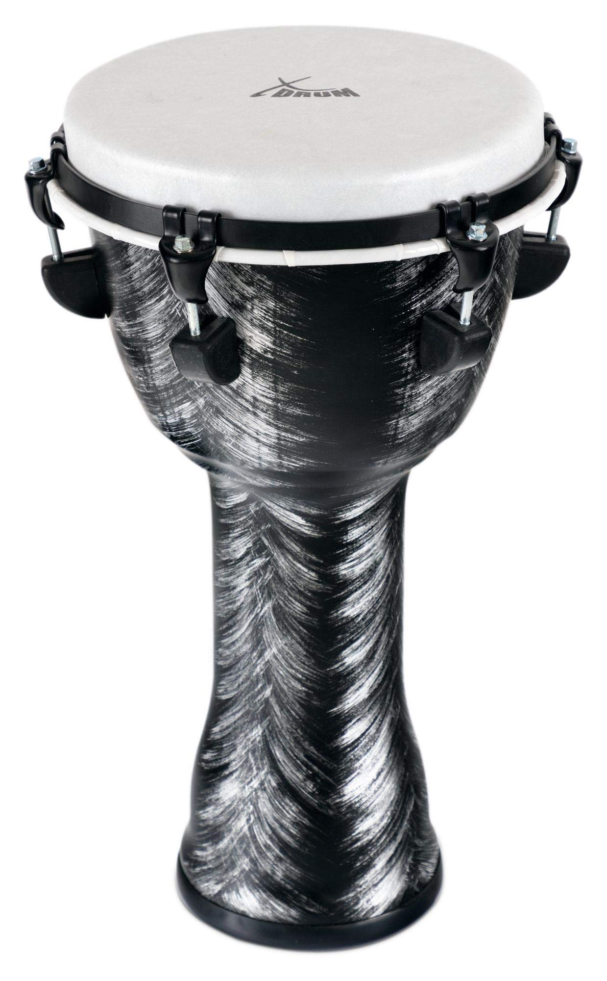 XDrum Djembe 10" Silver Brush Bag Set (aus PVC gefertigt, 6 Stimmschrauben, Kunststoff-Fell mit Natur-Optik, Höhe: 50cm, im Set inkl. passender Rucksacktasche für Transport und Aufbewahrung)