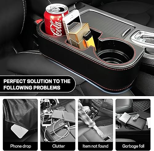 Miniatura 3 de Portavasos para automóvil, multifuncional, caja de almacenamiento para rellenar huecos, organizador de asiento de automóvil de cuero con soporte