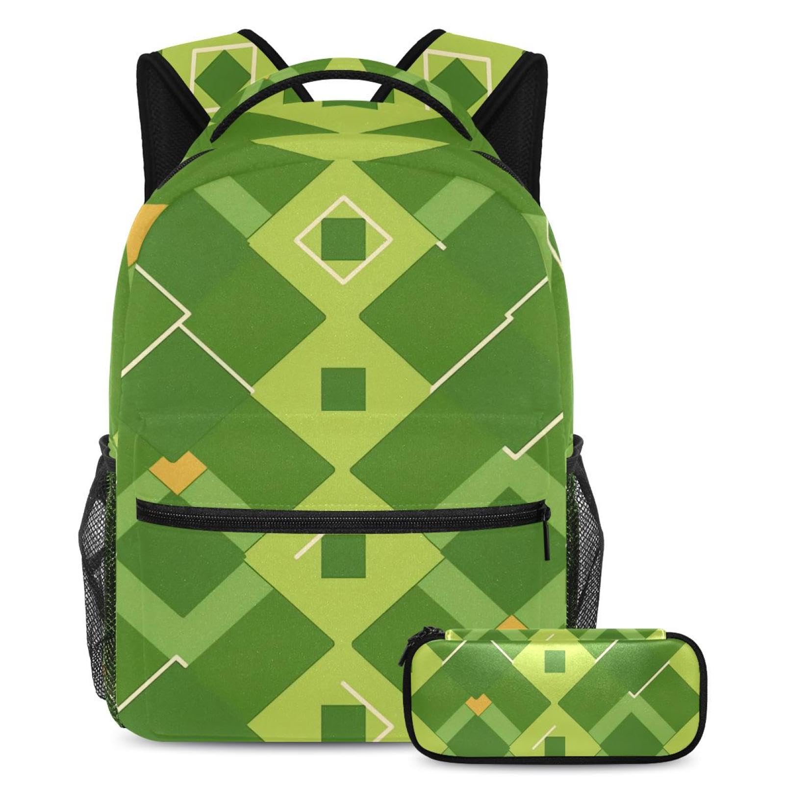 Sac à dos géométrique vert et trousse assortie pour l'école - 7