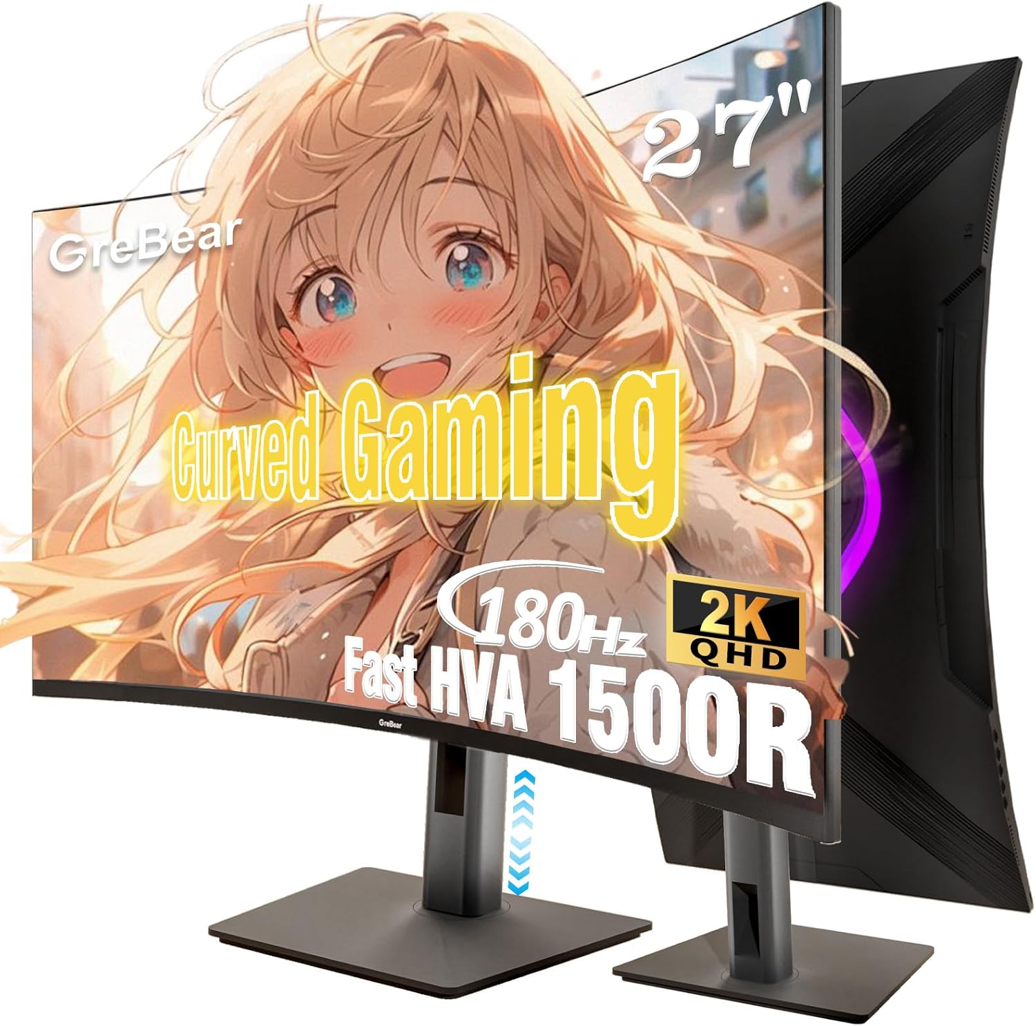 27 Inch Curved Gaming Monitor 180HZ QHD Height Adjustable, Professional PC 2K Monitors 2560 x 1440p Home Office Computer Screen, HDMI, DP, 1500R, Build-in Speaker, VESA Mount,ErgoStand 27" 180HZ QHD BM27QB