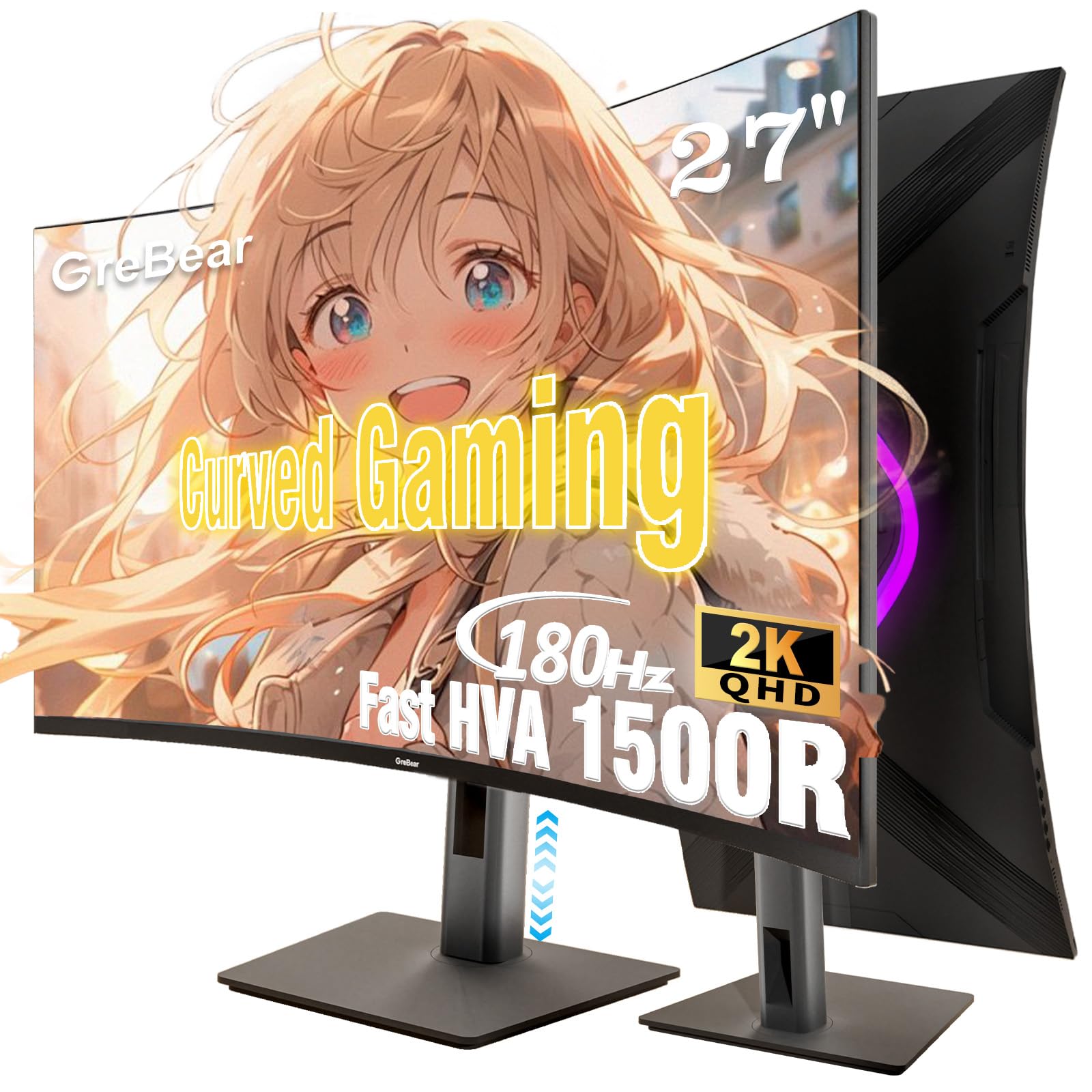 GreBear 27 Inch Curved Gaming Monitor 180HZ QHD Height Adjustable, Professional PC 2K Monitors 2560 x 1440p Home Office Computer Screen, HDMI, DP,