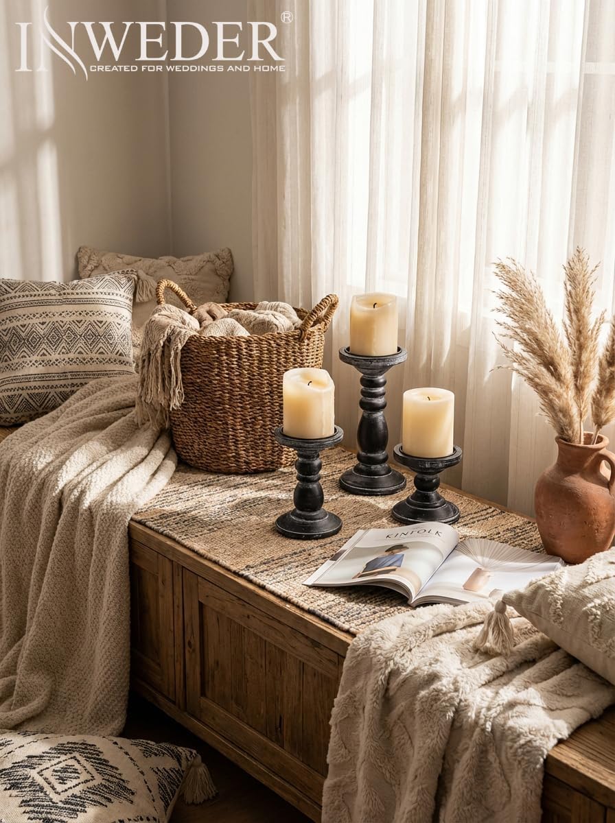 Wood Pillar Candle Holder: Rustic Distressed Black Candle Stand image 5