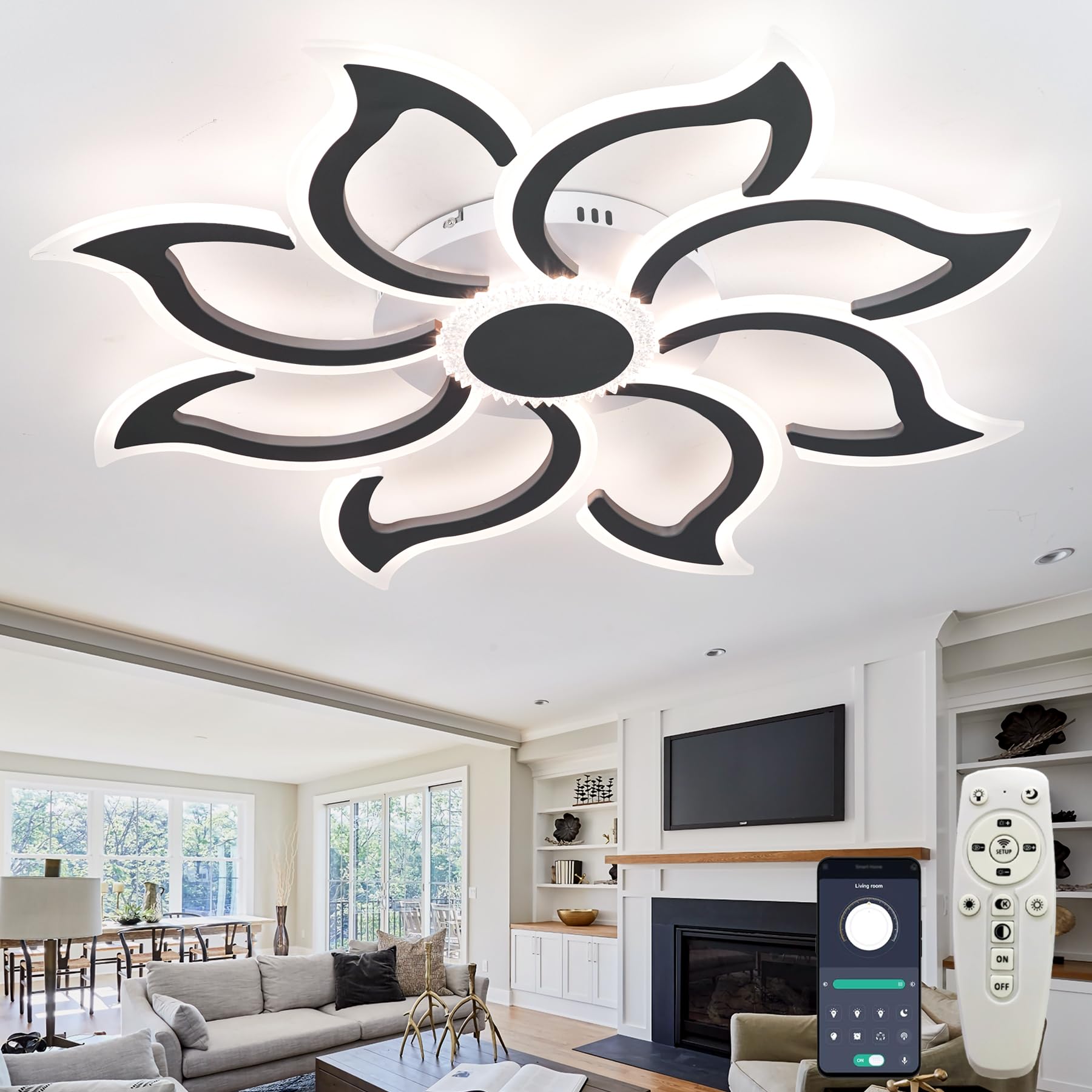 Dobecd Flower Ceiling Light Modern Design Smart Chandelier Dimmable Memory Function with Remote Control Ceiling Lamp Bright Living Room Ceiling Lighting with App Led Acrylic Lampshade for Halls