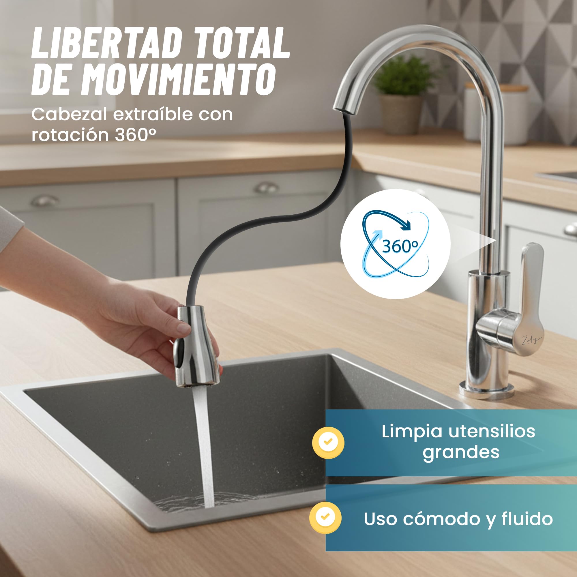 ZALEZ - Grifo Cocina Extraible - Grifo Cocina Fregadero con 3 Modos Giratorio 360° - Acero Inoxidable 304 con Torneira Cozinha - Cabezal Rociador de ABS Fregadero Cocina - Ahorro de Agua 30%.