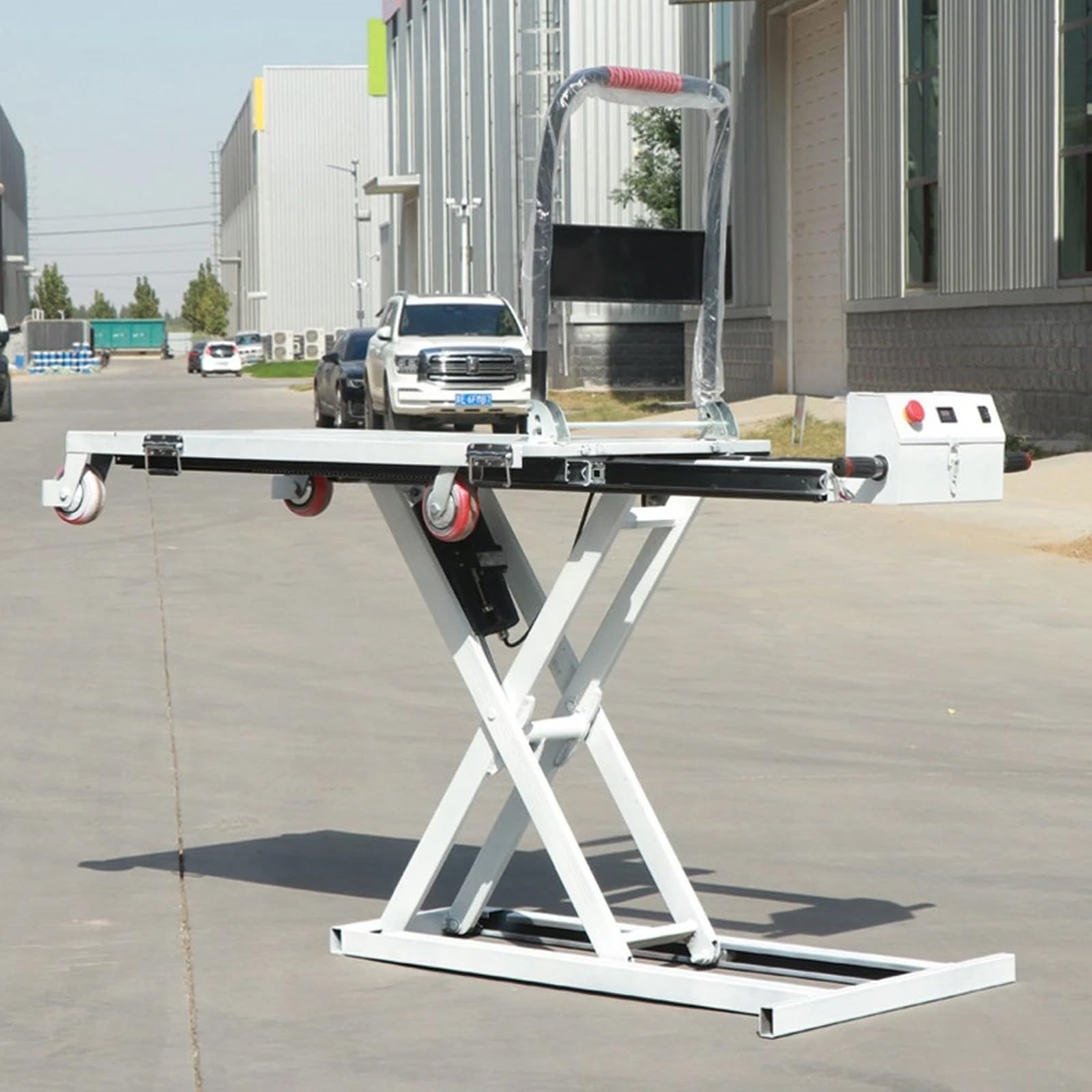 Carrello elevatore elettrico a forbice singola da 300 kg, carrello elevatore idraulico a pianale ribassato con 4 ruote(100)