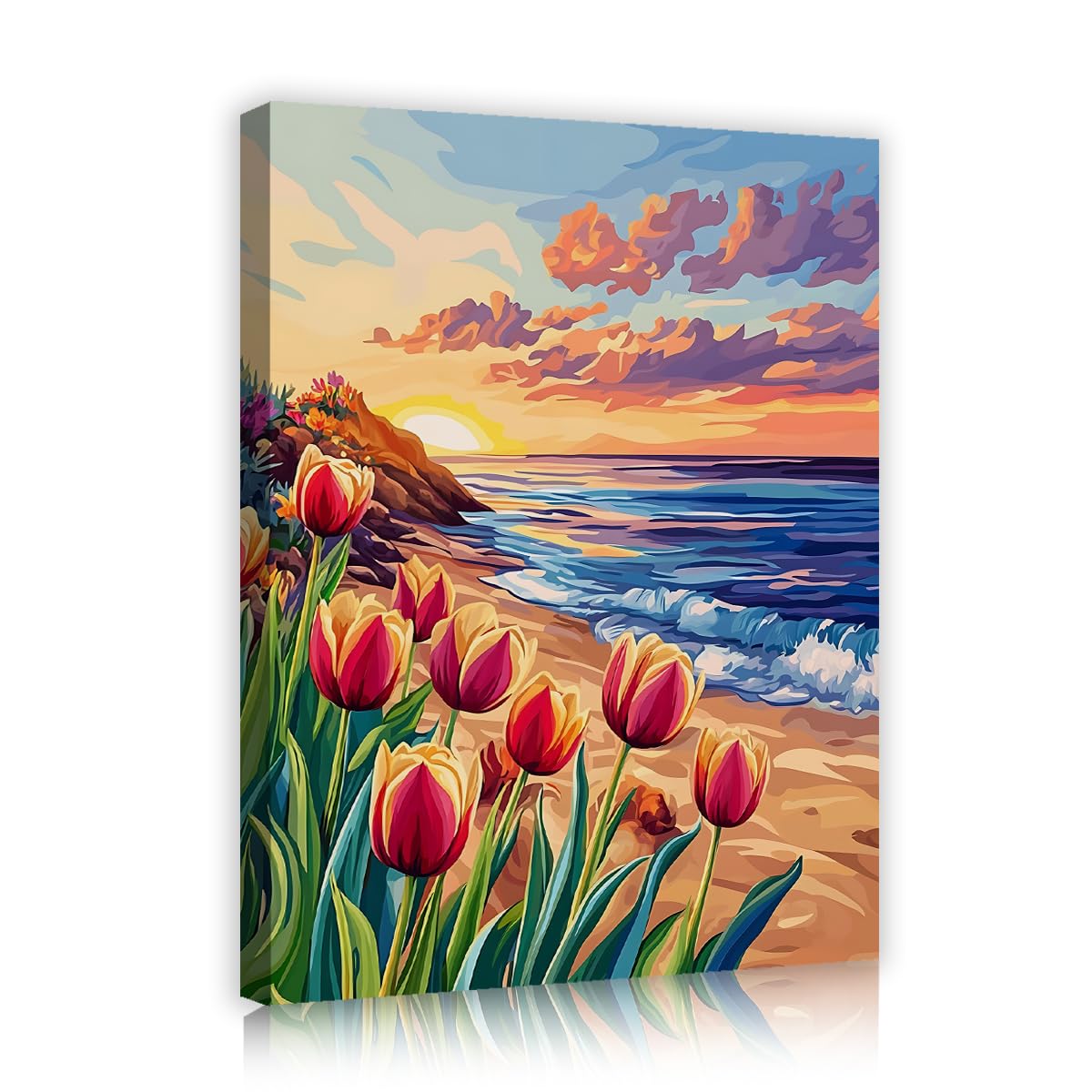 CHERHERART Orange Yellow Floral Canvas Wall Art Coastal Sunset Tulips Canvas Prints Modern Beach Landscape Painting Poster for Dining Room 65x85cm Innerframe