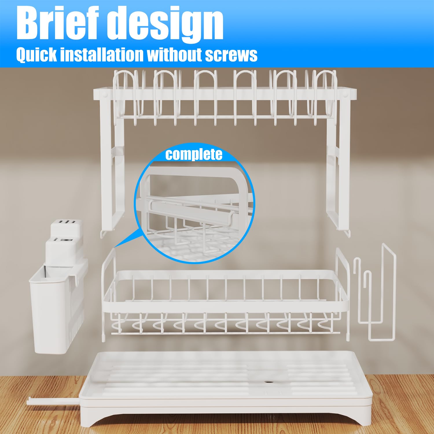 Escurridor para platos, soporte para utensilios de 2 niveles, resistente al óxido, con escurridor y soporte para utensilios para encimera de cocina, accesorios de cocina (blanco)