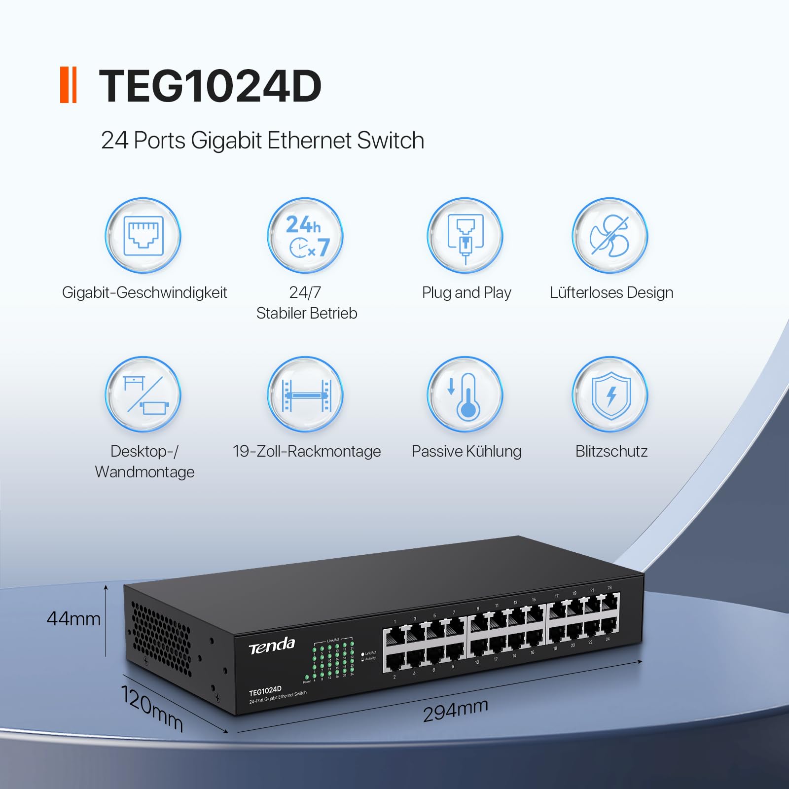 Tenda Gigabit Switch 24 Port Netzwerk Switch 19 Zoll Rackeinbau LAN Switch (Plug-and-Play Ethernet Switch, Lüfterlos, Unmanaged, Rack- / Wandmontage, Metallgehäuse, Schwarz) (TEG1024D)