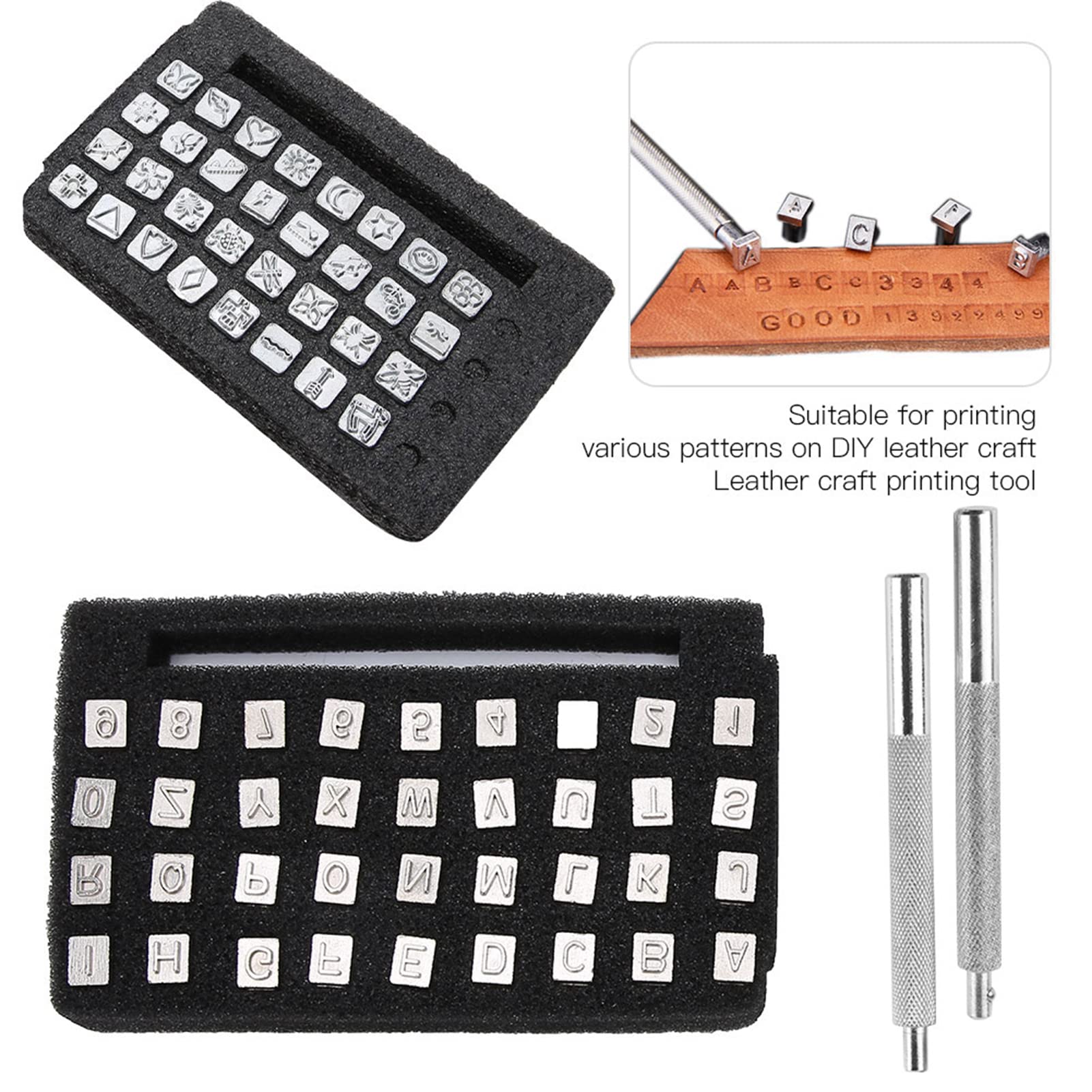 70Pcs Leather Stamps for Leather Working, 68Pcs Zinc Alloy 6mm Letter Number and Shape Pattern Leather Stamp Tool Stamping Carving Punches Tools for DIY Craft Printing