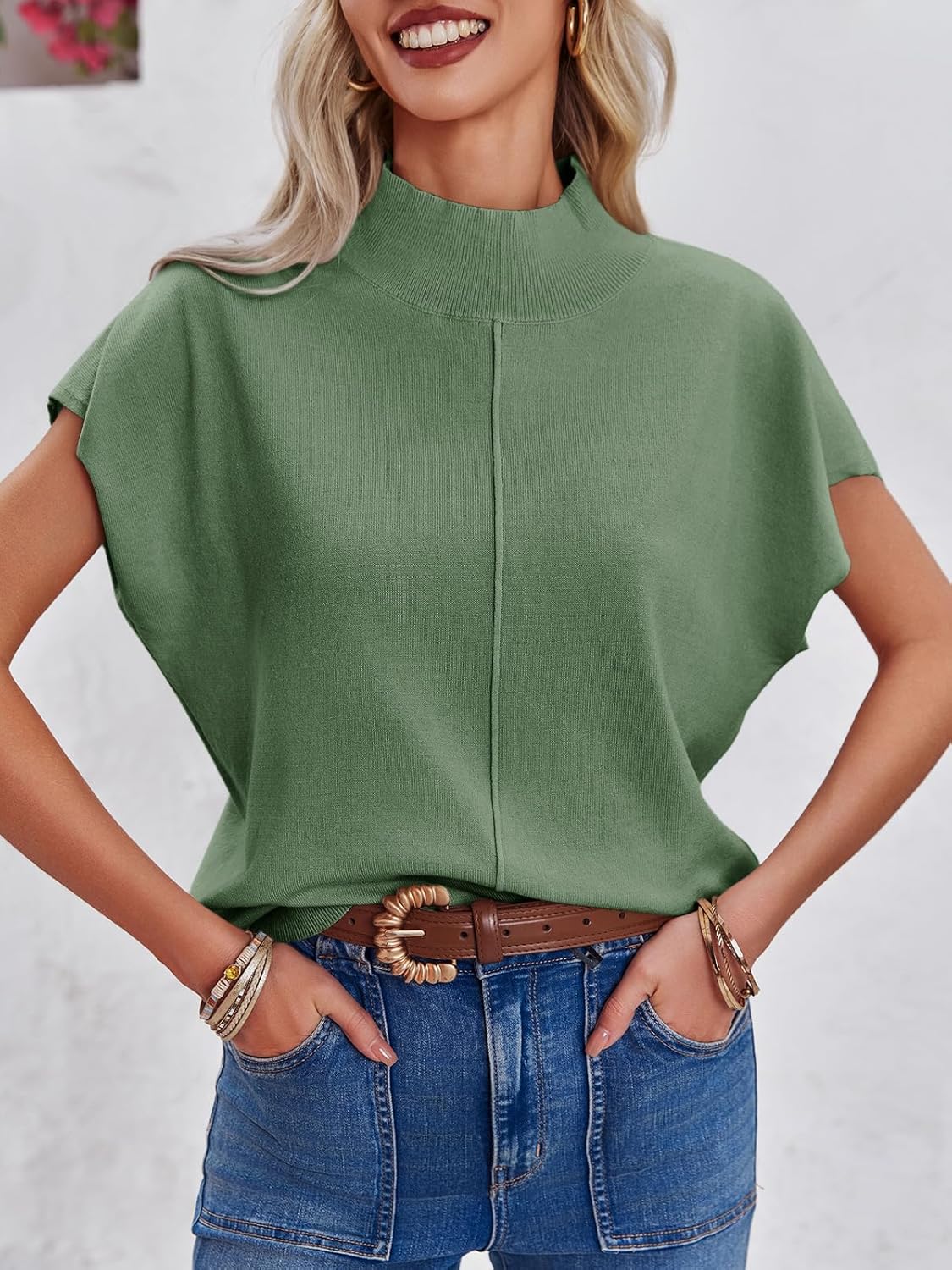 Saodimallsu Womens Summer Cap Sleeve Tops Mock Neck Knit Sweater Vest Sleeveless Work Elegant Shirts - Image 4