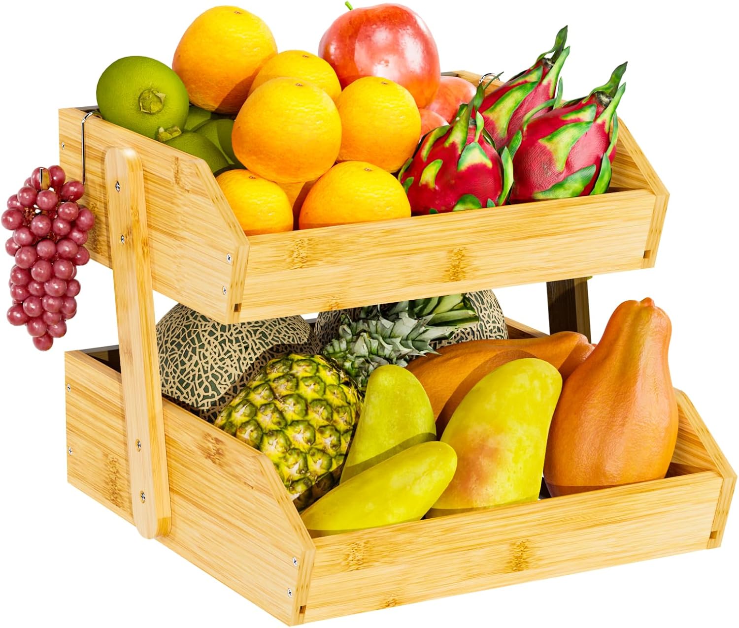 Hellojin Fruit Basket Kitchen Counter Organizer Bamboo 2 Tier Fruit Bowl and