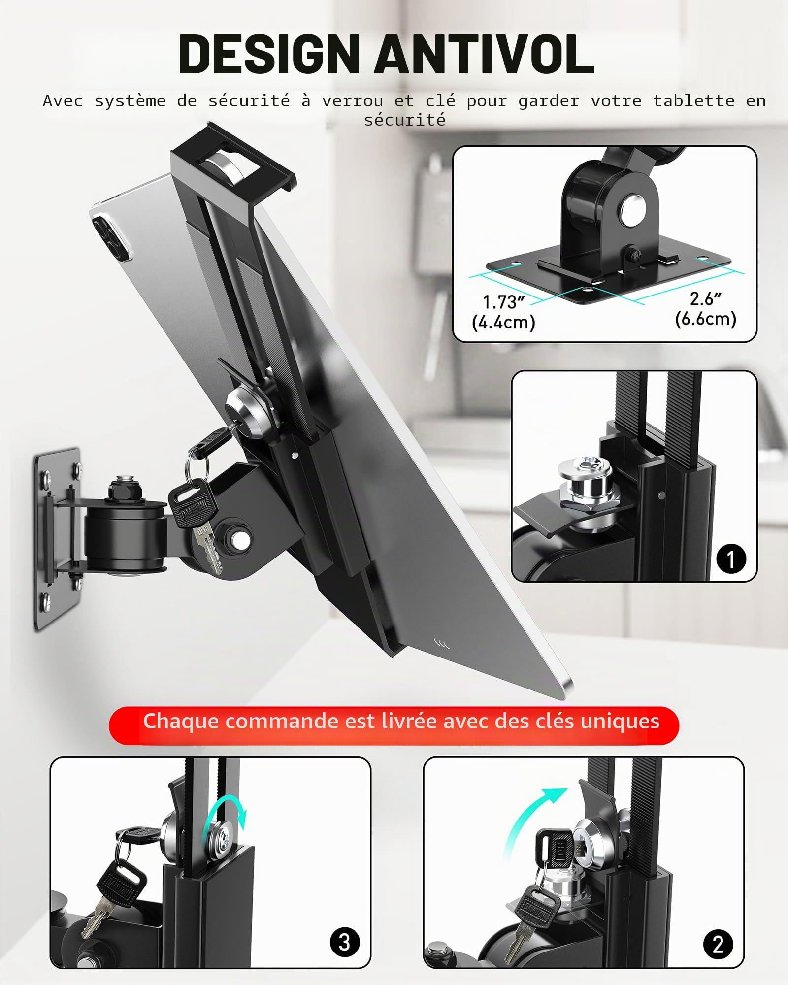 AboveTEK Support Mural pour Tablette - Verrouillage Antivol et Clé - Compatible avec iPad, Galaxy Tab, Slate, Fire et Plus - Modes Portrait et Paysage