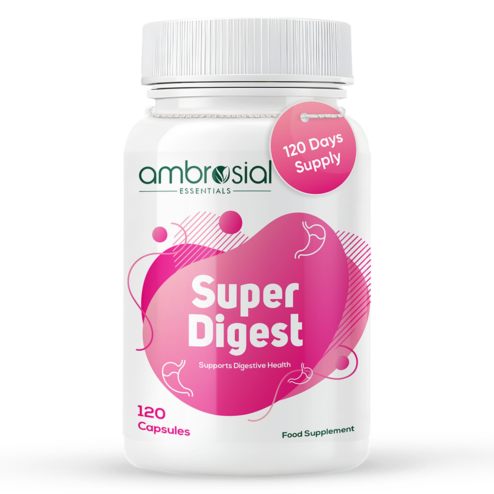 Ambrosial Super Digest with Betaine hcl Pepsin, Ox-Bile, Pancreatin & L-Glutamic Acid | Digestive Enzyme Supplements to Support Optimal Digestion & Gut Health (Pack of 1-120 Capsules)