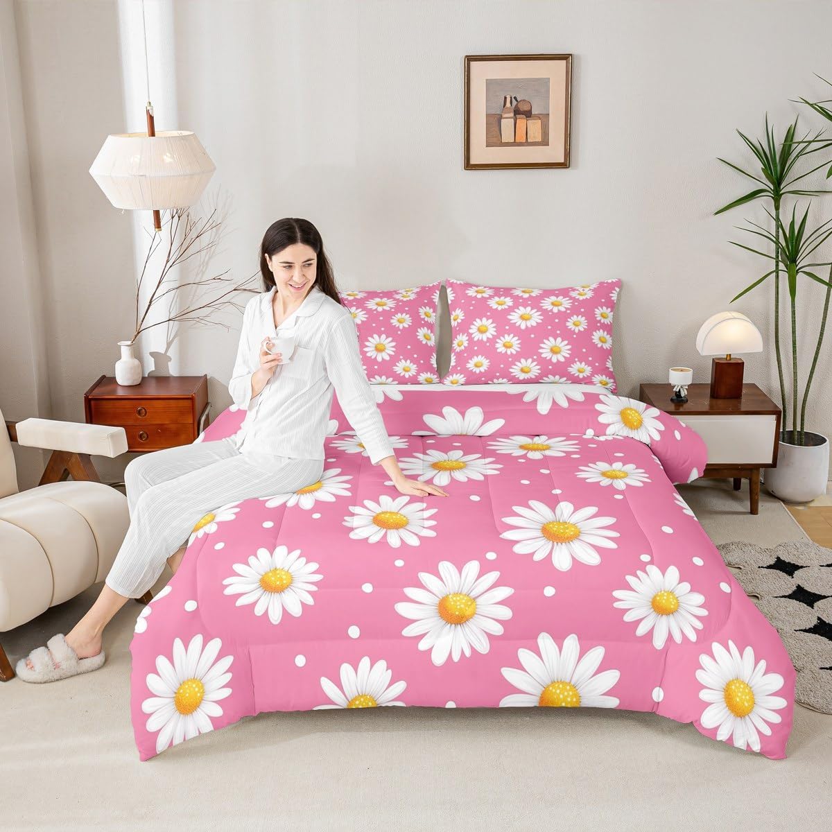 Feelyou Kids Cute Flower Duvet Insert Twin Size, Pink White Floral Comforter Set Boys Girls Spring Boho Bedding Set Kawaii Teens Bedroom Decor Microfiber Bed Set