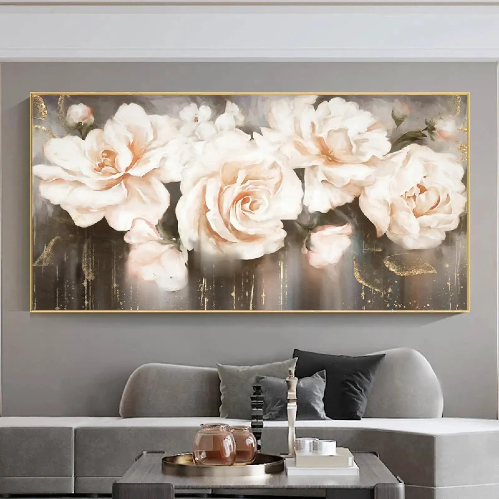 Toile abstraite avec fleurs grand format prête à suspendre décoration maison 80x160 - 8