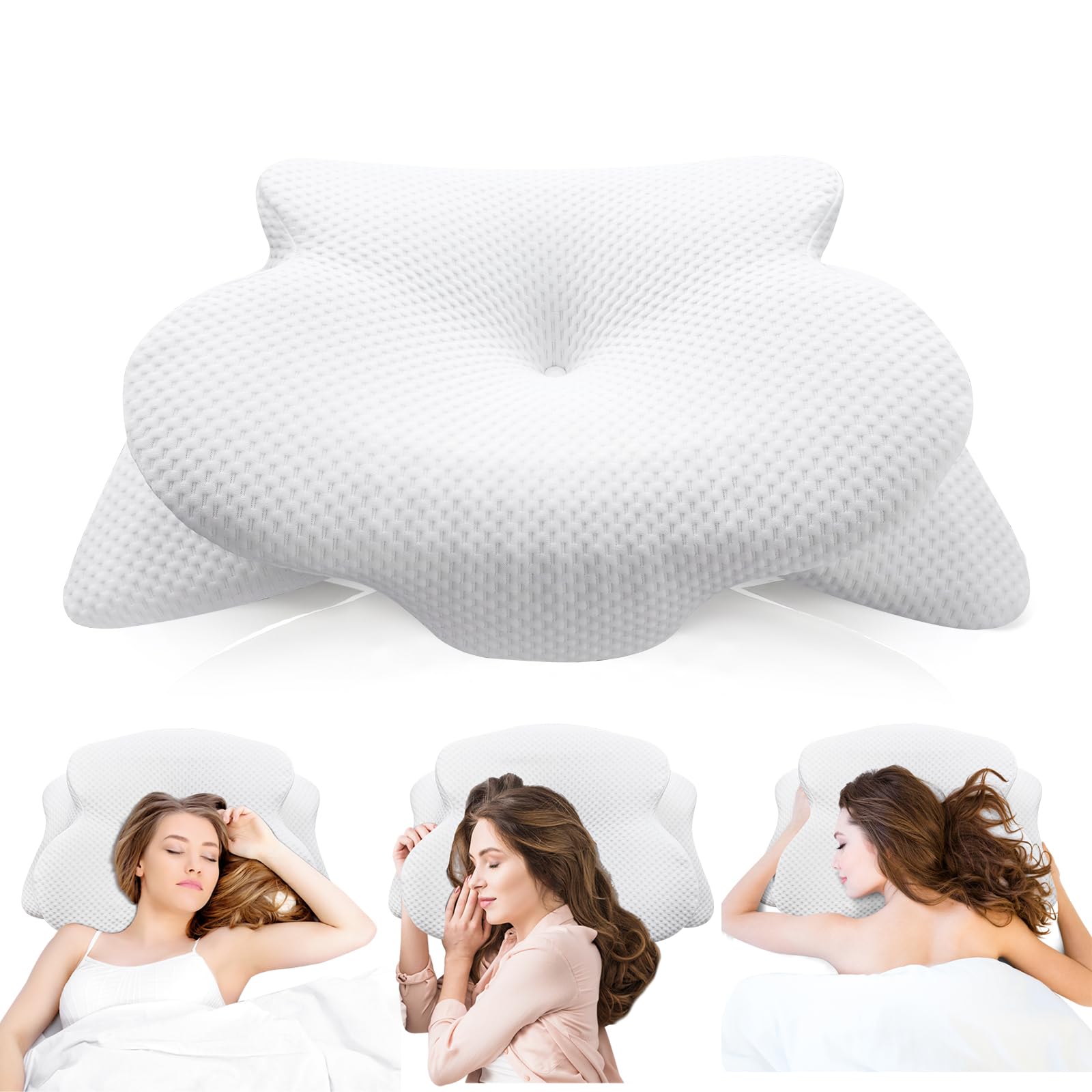 Asbtos Memory Foam Pillow - Cervical Pillows for Neck and Shoulder, Ergonomic Neck Support Pillow with Washable Cooling Ice Silk Cover for Side Back Stomach Sleepers, White