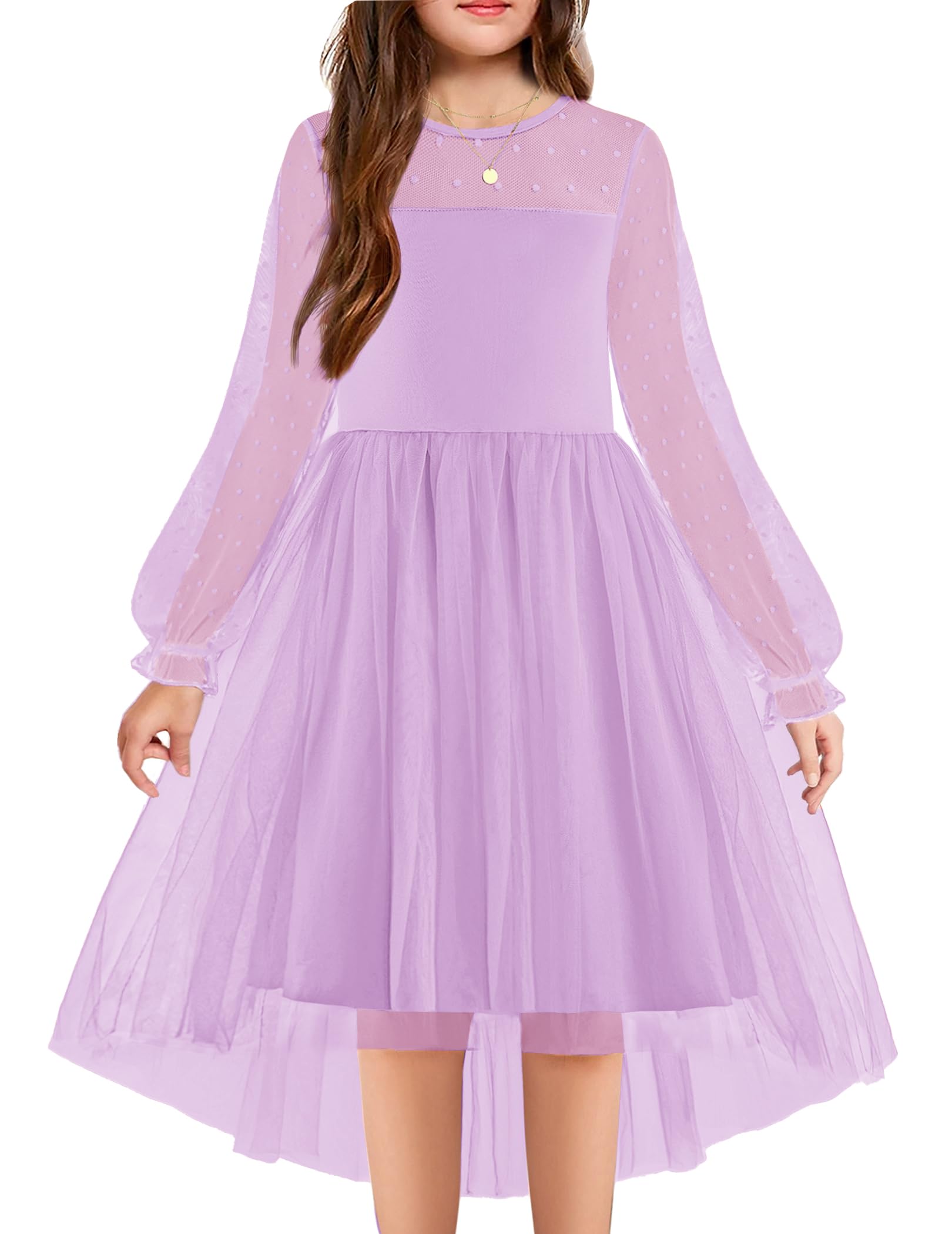 Arshiner Girls Dresses Contrast Mesh Long Sleeve Twirly High Low Birthday Party Formal Dress