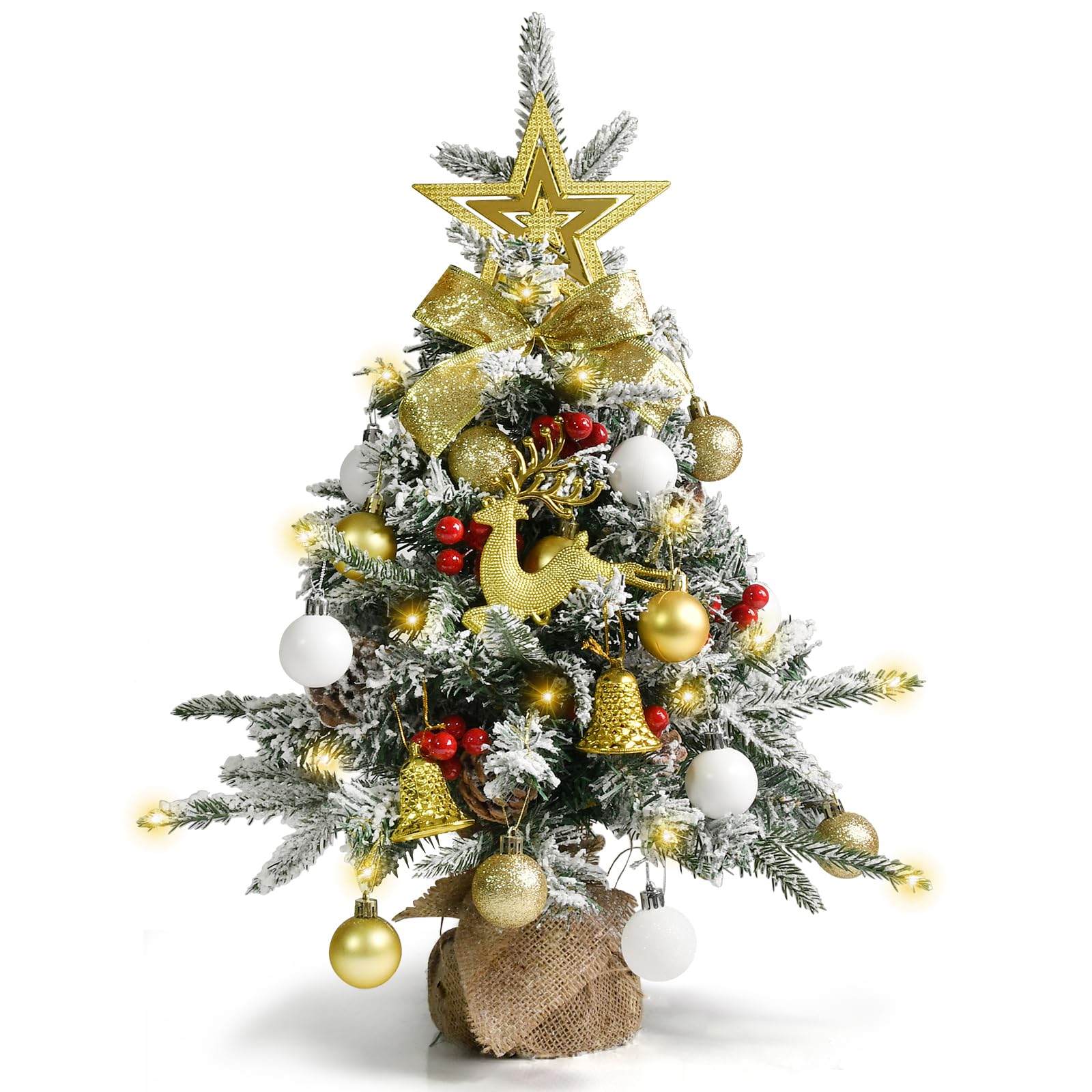 60CM Arbol Navidad Pequeño Artificial con Adornos, 40 Luces LED, Estrella de Arbol, Bolas Navideñas, Mini Nevado Christmas Tree Decoración para Centro de Mesa Navidad Partido Casa Hogar Oficina