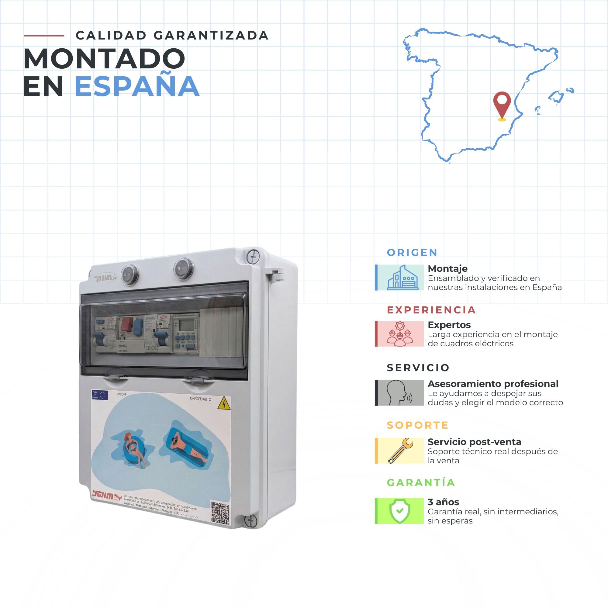 SWIMHOME Cuadro Eléctrico Piscina 2CV, Contactor Clorador, Transformador 150W 12V DC, Control RGB, Mando, Gris