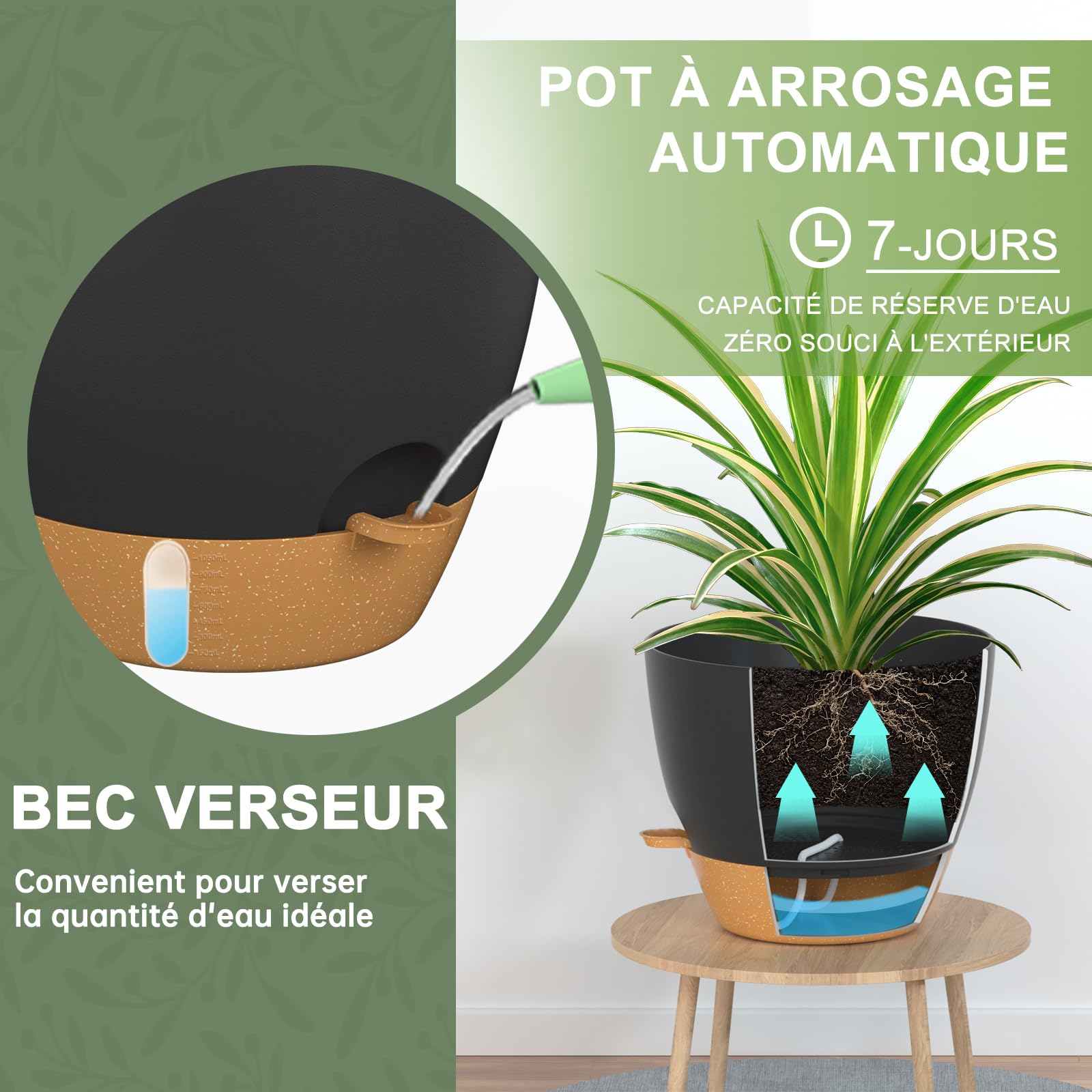 ZMTECH 20 cm Pots de Plantes avec Trous de Drainage Soucoupe Jardinières Auto-Irrigantes avec Entrée d'eau Pot de Fleurs en Plastique pour Plantes d'Intérieur et d'Extérieur (Lot de 2, Noir)