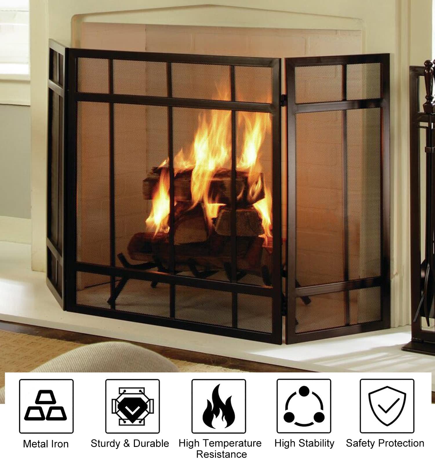 ZIMGOD Salvachispas Chimenea Pantalla Triple de la Chimenea, Pantalla contra Chispas contra Incendios de 52 Pulgadas de Ancho, Fireguard Transparente para Chimenea de Salón/Quema de Leña/Parrillas
