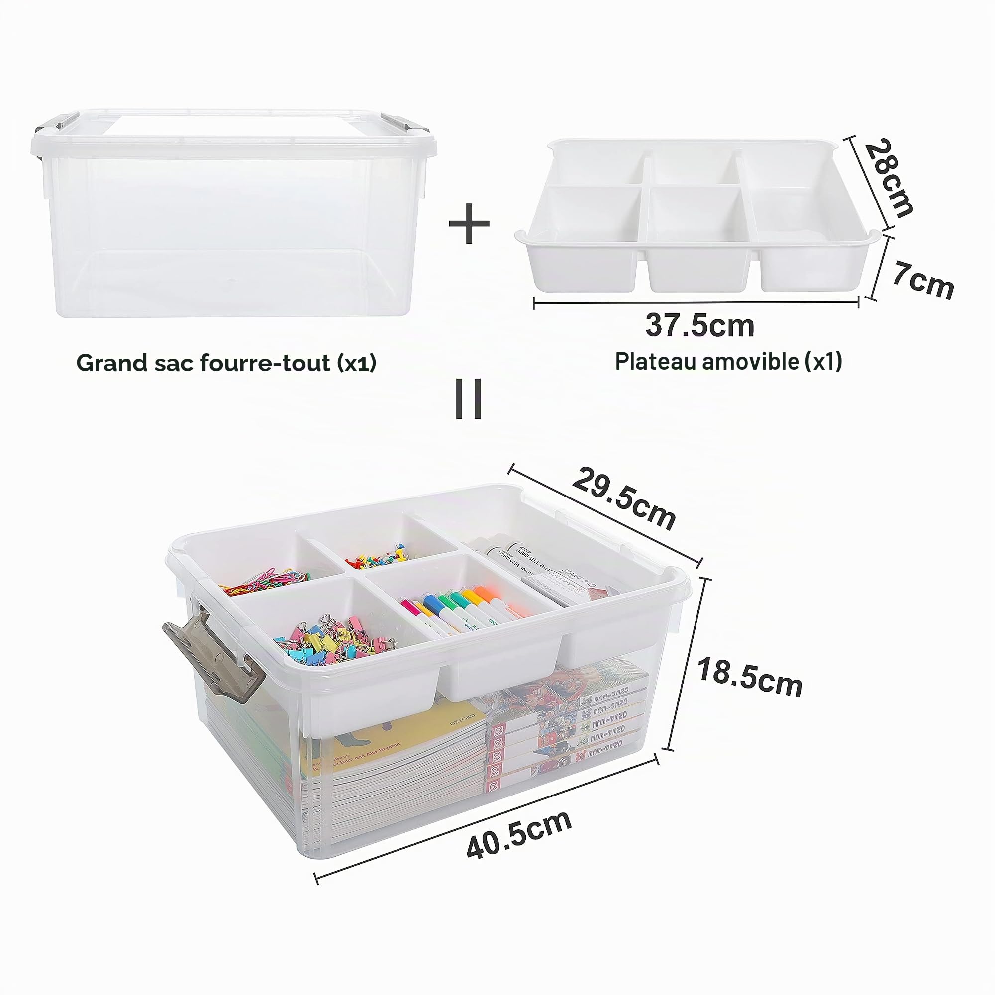 Citylife Lot de 4 Boîte de rangement avec couvercle, 16L Boîte à jouets, Transparent, Clips de Fermeture, 5 compartiments, Idéal pour trier les blocs, les jouets et les petits objets