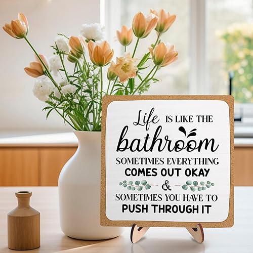Miniatura 5 de Placa decorativa de baño, divertida placa de escritorio de madera con la vida es como el baño, letrero rústico para estante de casa de campo para