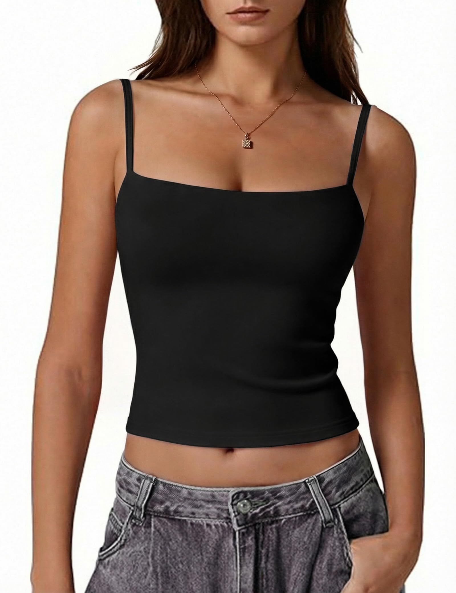 Gyabnw Damen Tank Top Y2K Doppellagiges Slim Fit Spaghetti T-Shirt mit Verstellbaren Schulterträgern