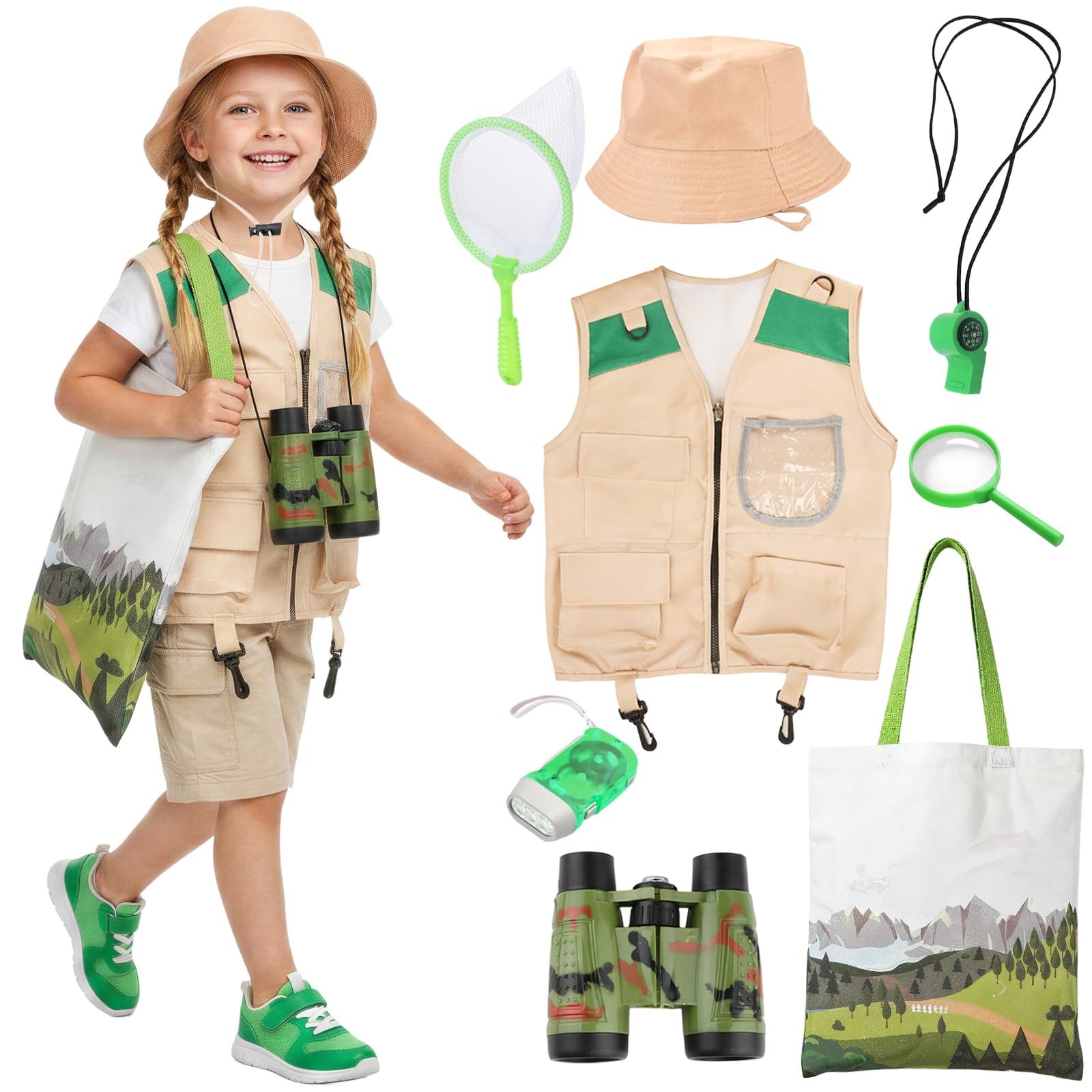 Xerteam Explorer Costume Kids Bug Explorer Kit, with Vest Safari Hat Binoculars Handbag Flashlight, Explorer Outfit Fancy Dress Set for Boys Girls 3-9Y Outdoor Camping Adventure Nature Learning
